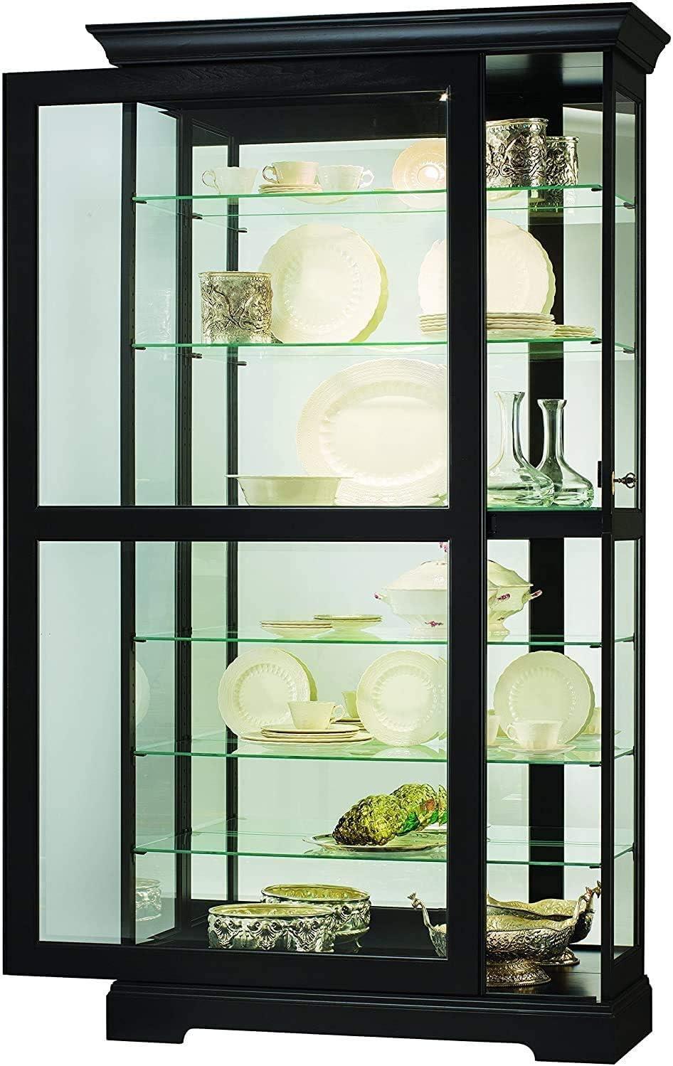 Traditional Black Satin Lighted Corner Curio Cabinet