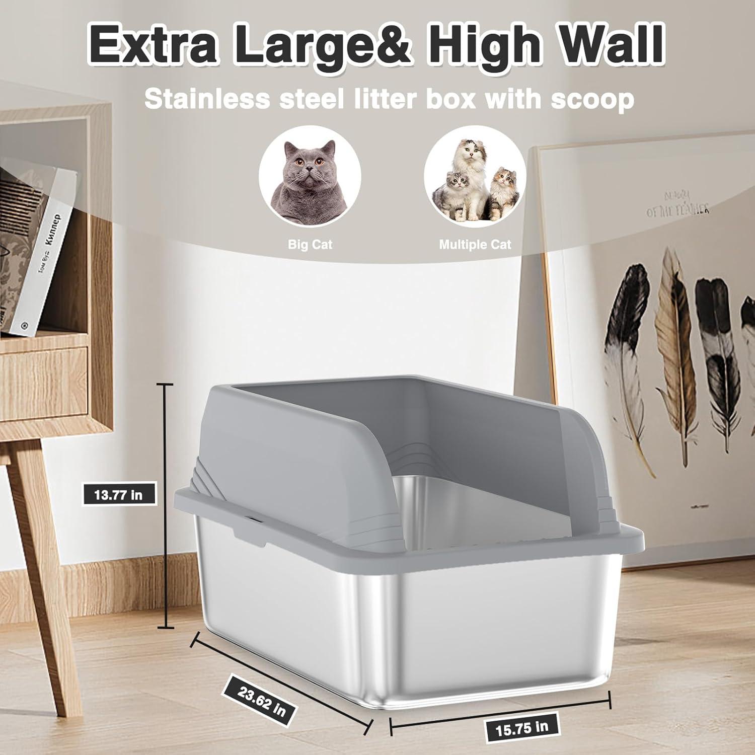 Enclosed Stainless Steel Cat Litter Box with Lid Extra Large Litter Box for Big Cats XL Metal Litter Pan Tray with High Wall Sides Enclosure, Non-Sticky, Anti-Leakage, Easy Cleaning