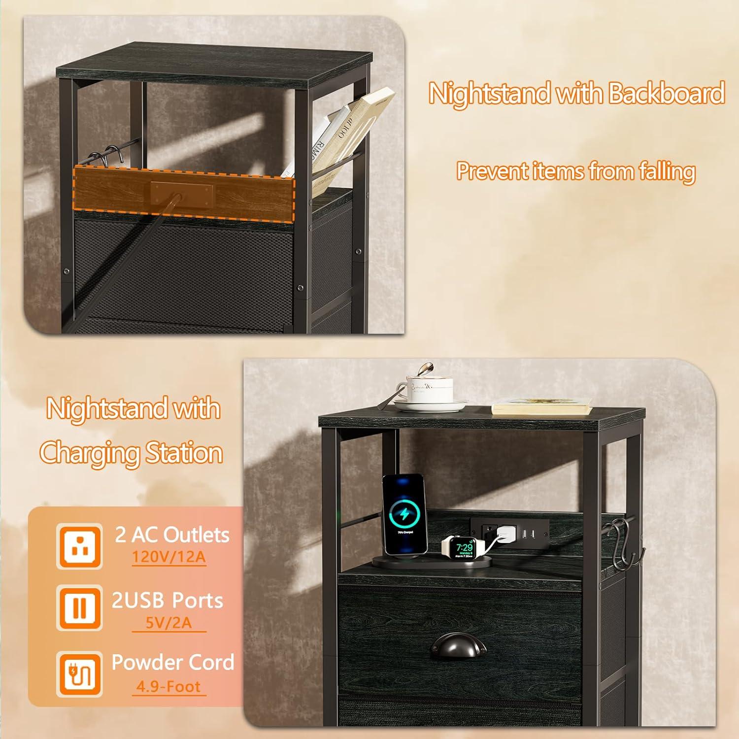 Furologee Nightstands Set 2, End Tables with 2 Fabric Drawers, Bedside Tables with Hooks and Shelf, Side Tables for Bedroom/Living Room/Study/Black Oak
