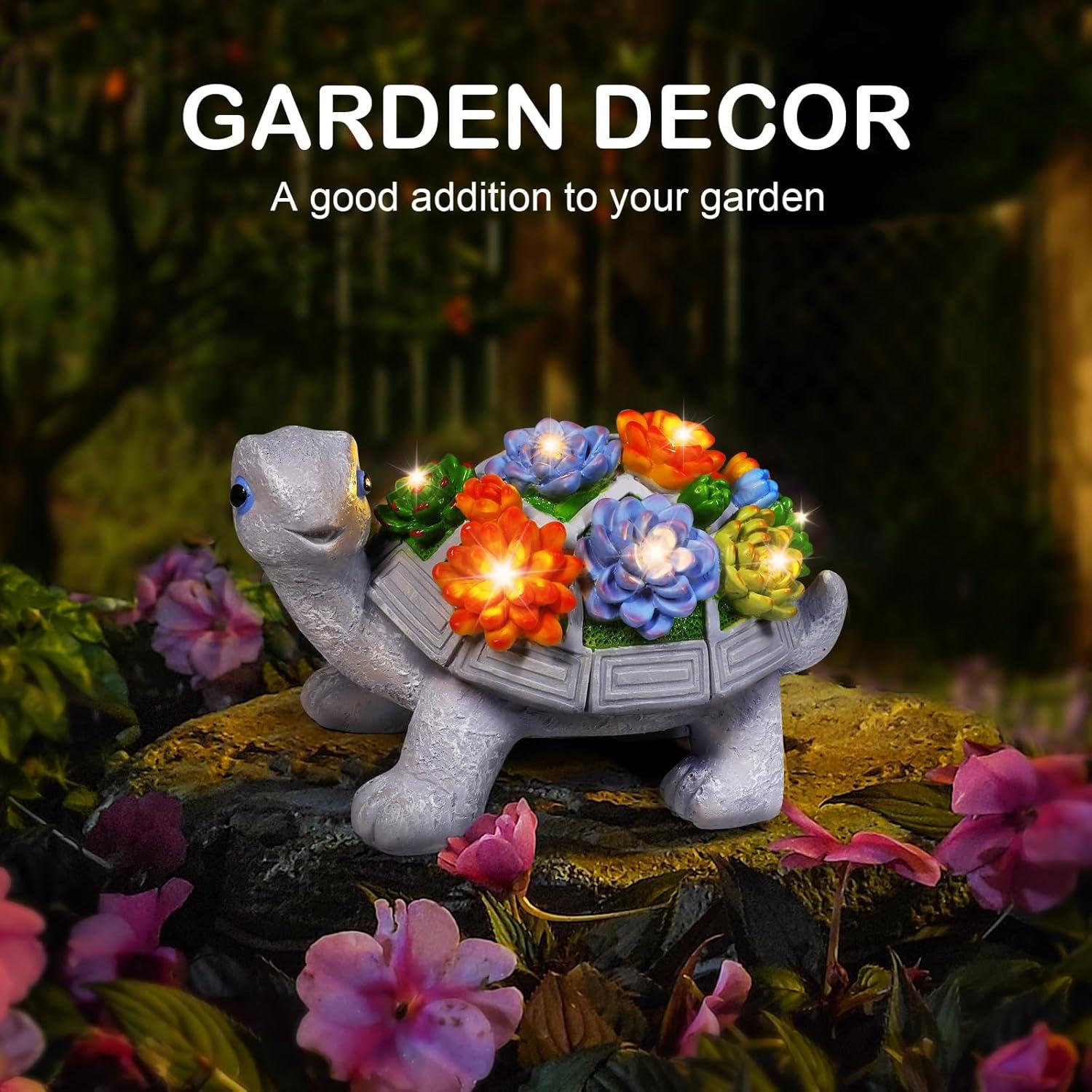 YUNMUTENG Solar Garden Outdoor Statues with Succulent and 7 LED Lights -Decor Tortoise Statue for Patio,Yard Ornament - Unique Housewarming Gifts