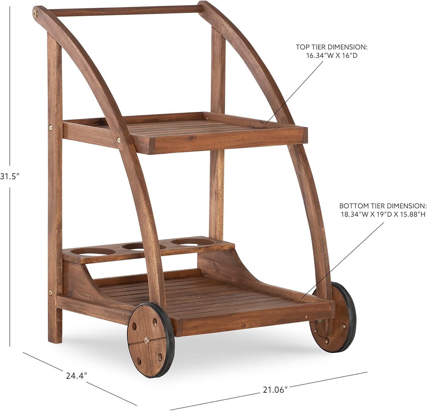 Linon Chandler Acorn Finished Acacia Wood Outdoor Bar Trolley with Three Bottle Glass Holders