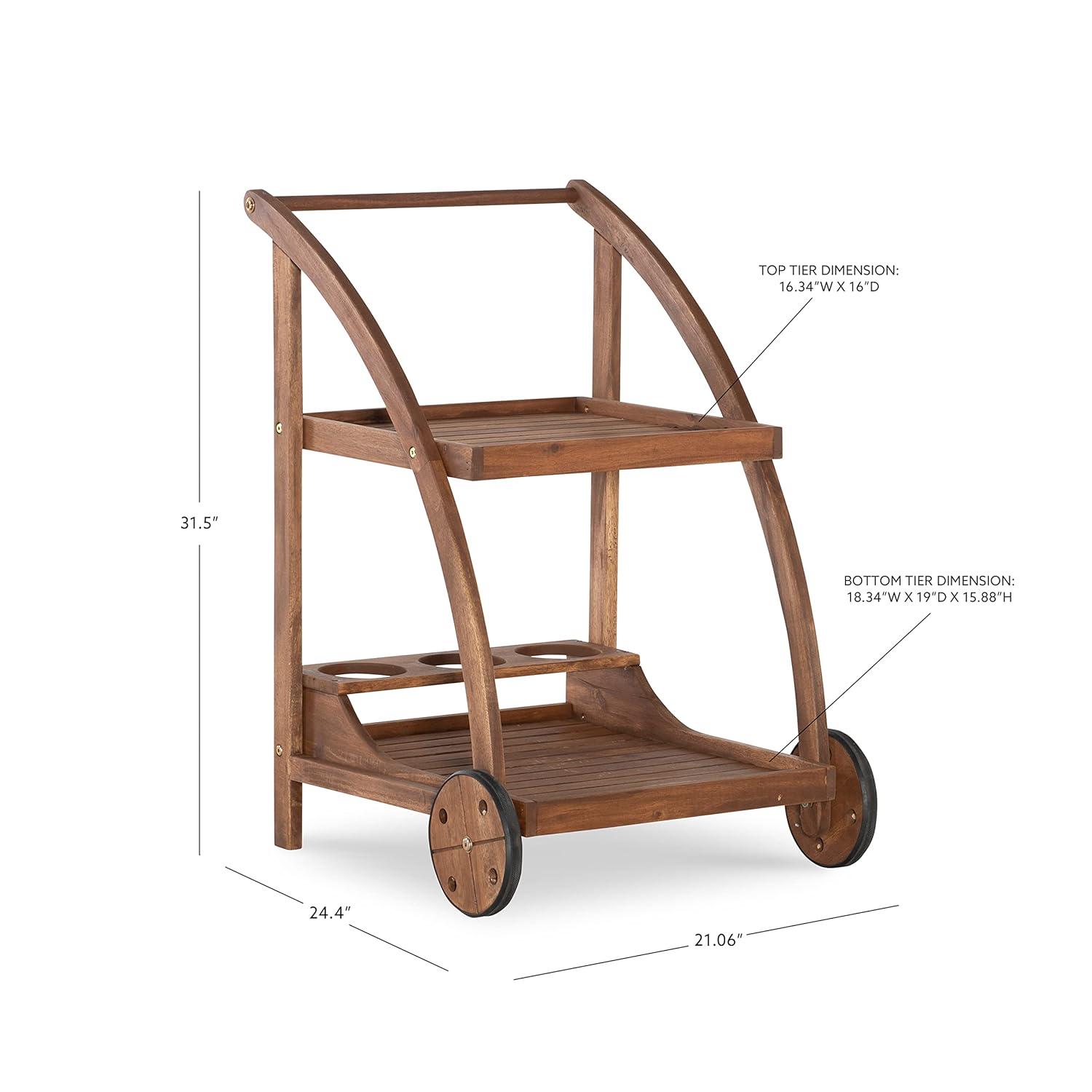 Linon Chandler Acorn Finished Acacia Wood Outdoor Bar Trolley with Three Bottle Glass Holders