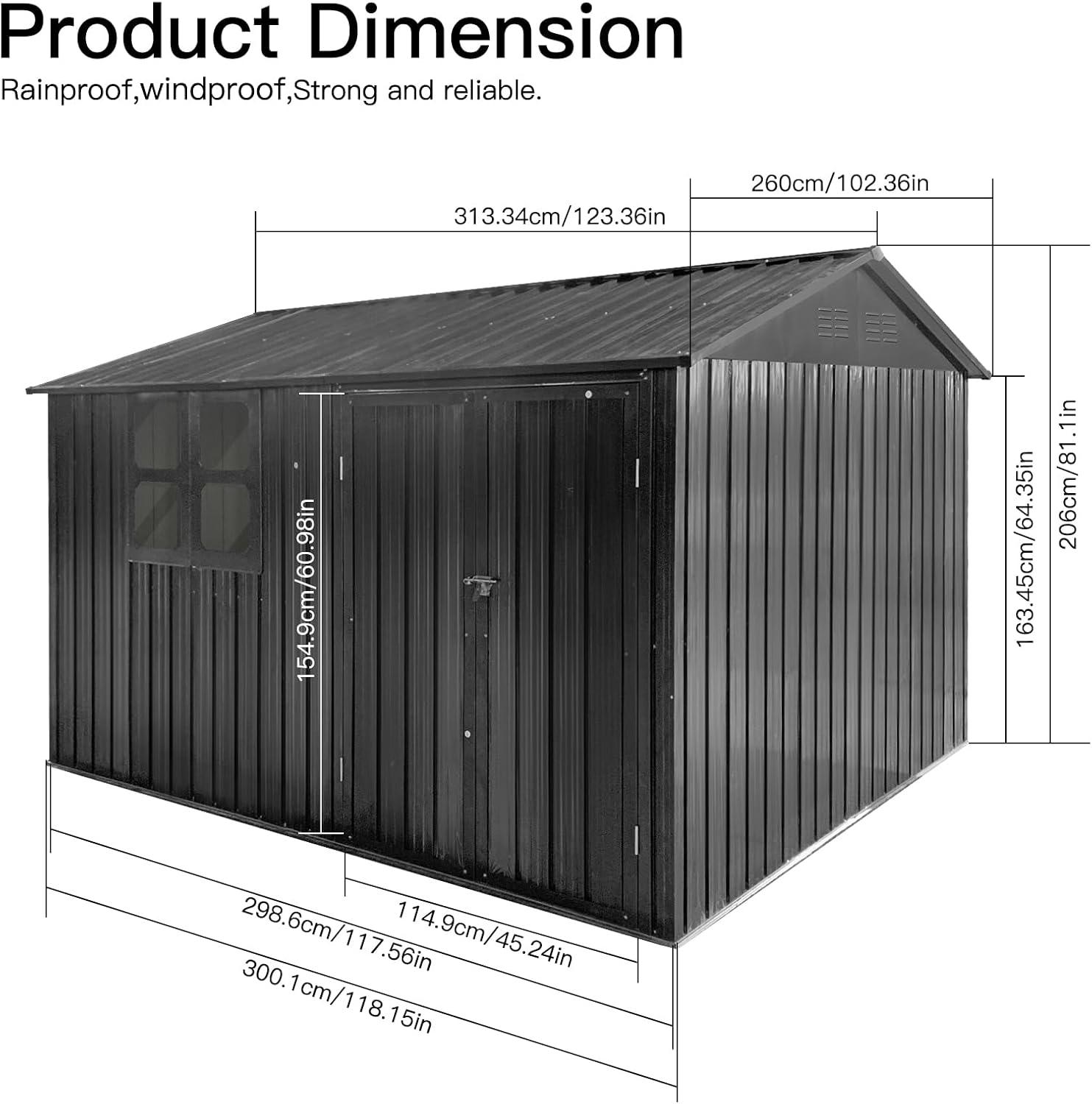 10ftx8ft Metal garden sheds outdoor storage sheds with window, Dark-grey