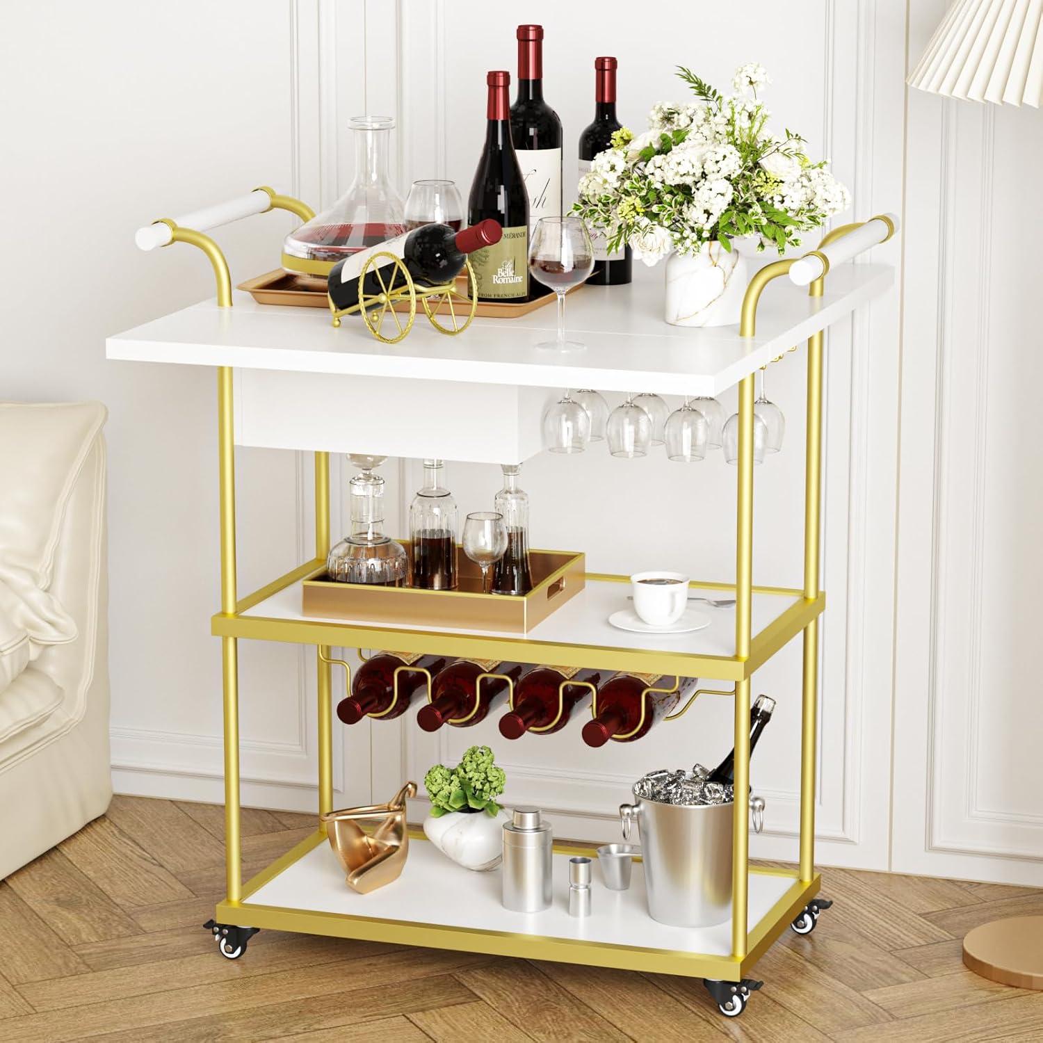 Gold and White 3-Tier Metal Bar Cart with Wine Rack