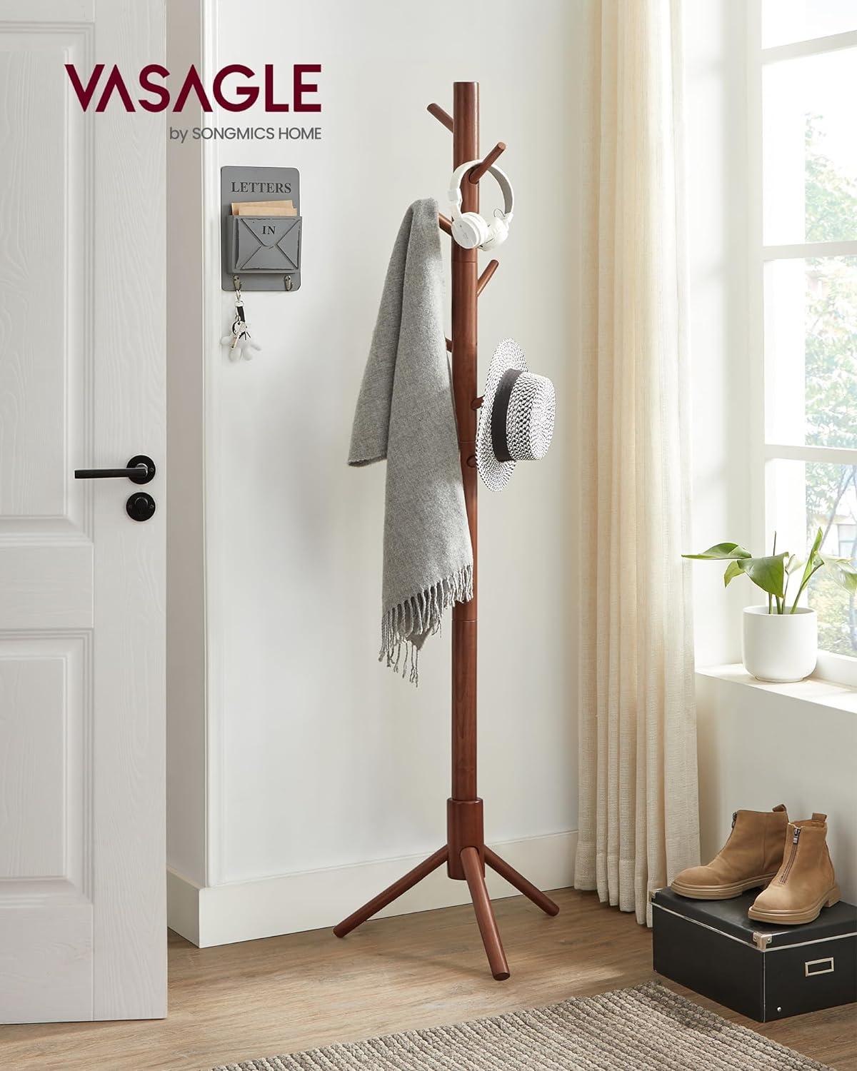 VASAGLE Coat Rack Solid Wood Free Standing Coat Rack Tree-Shaped Coat Rack with 8 Hooks for Clothes Hats Bags for Living Room Bedroom Dark Walnut