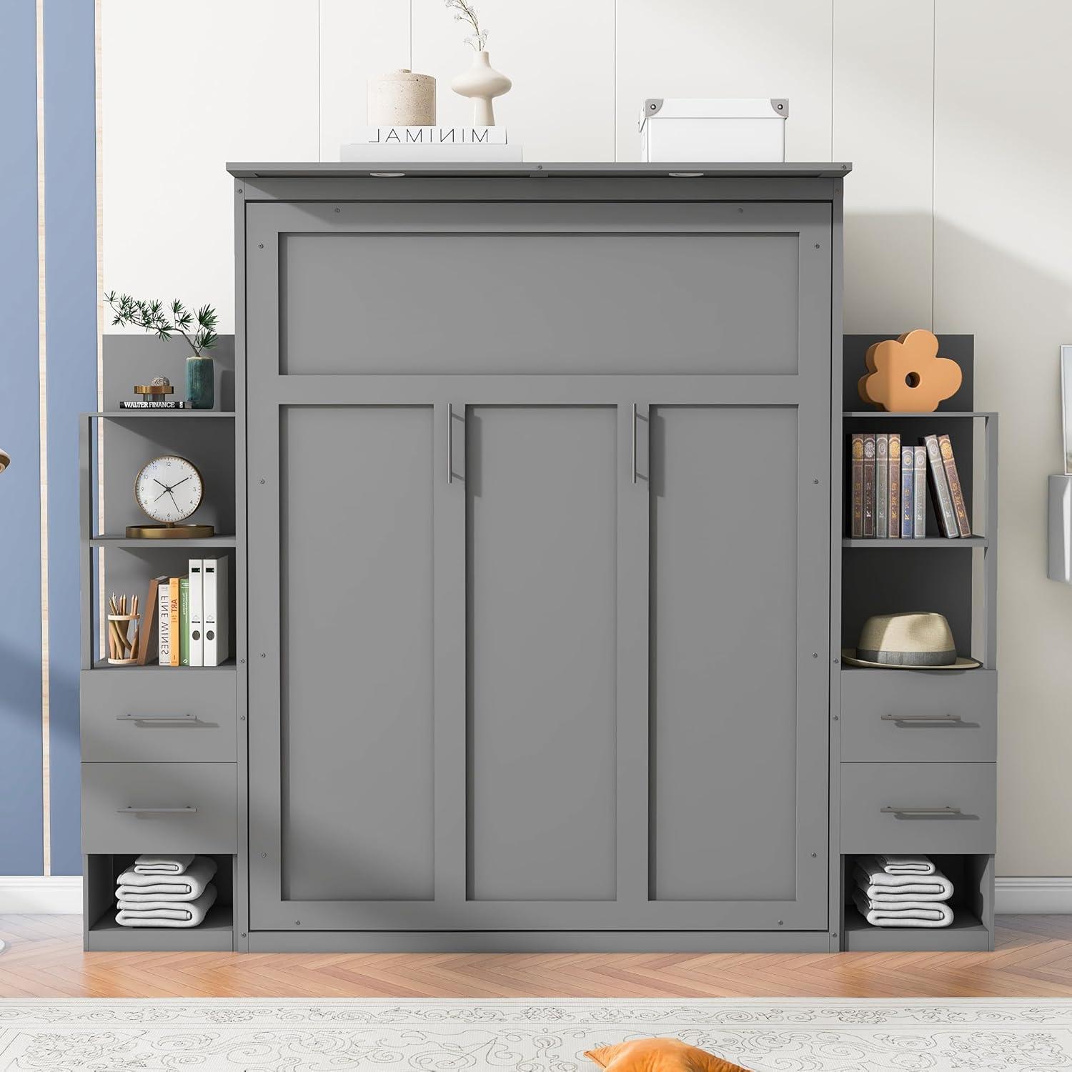 Gray Queen Size Murphy Bed with Shelves and Drawers