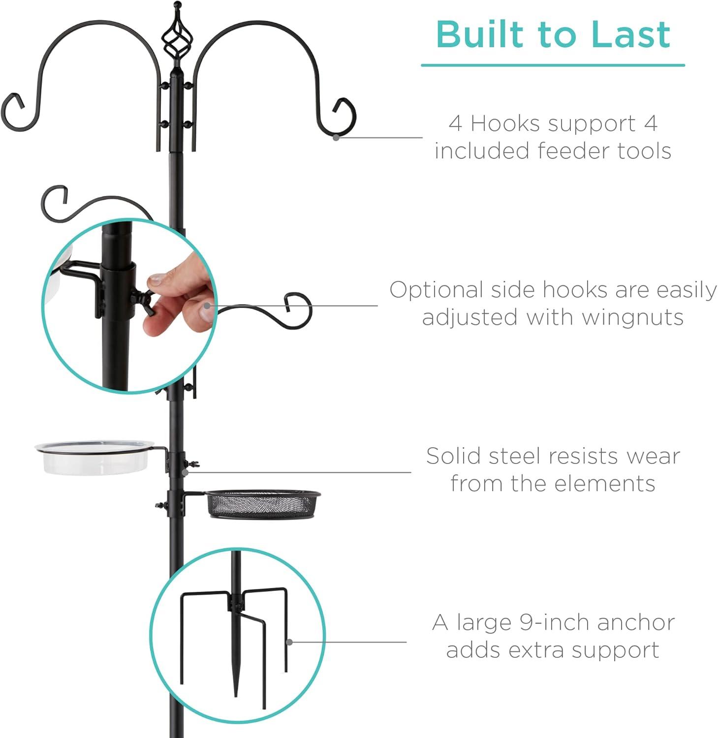 Yajaira 91in 4-Hook Bird Feeding Station, Steel Multi-Feeder Stand w/ 2 Feeders, Tray, Bird Bath