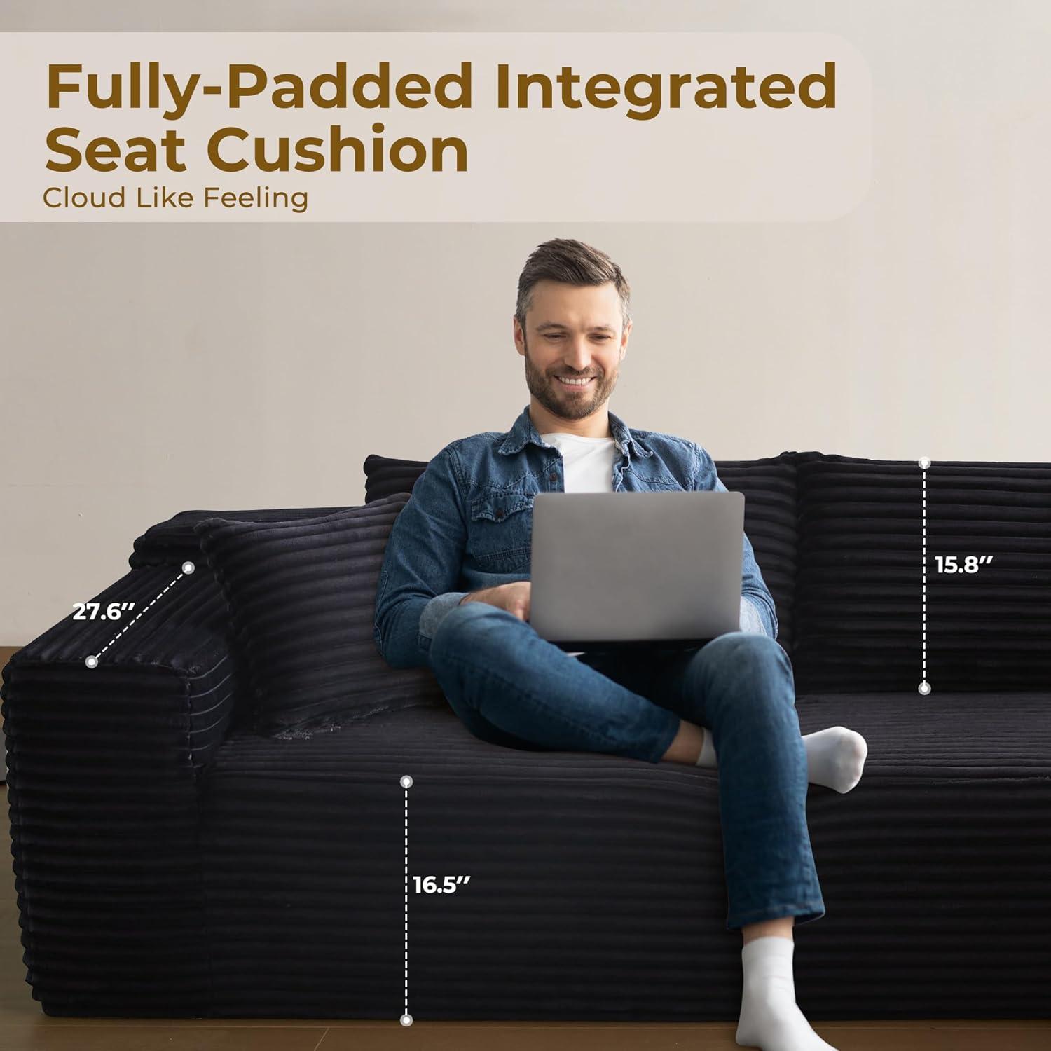 104" L-Shape Modular Sectional Sofa Couch - Comfy Upholstered Cloud Couches for Living Room - Modern Minimalist Couch,Deep Seat,No Assembly Required (Black,Plush Corduroy, Right Facing Chaise)