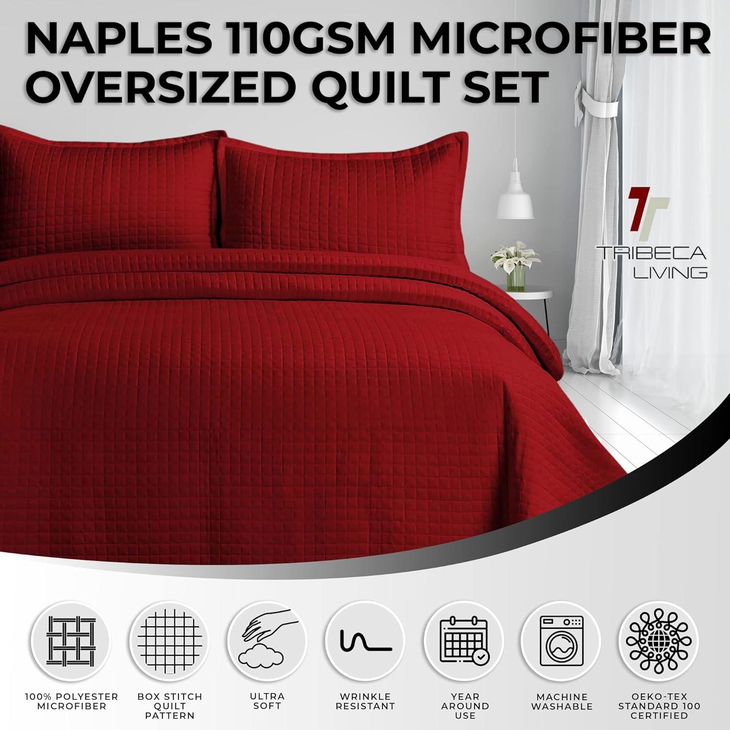 King Naples Microfiber Quilt Set Deep Red - Tribeca Living: Includes 2 King Shams, Box Quilting Design