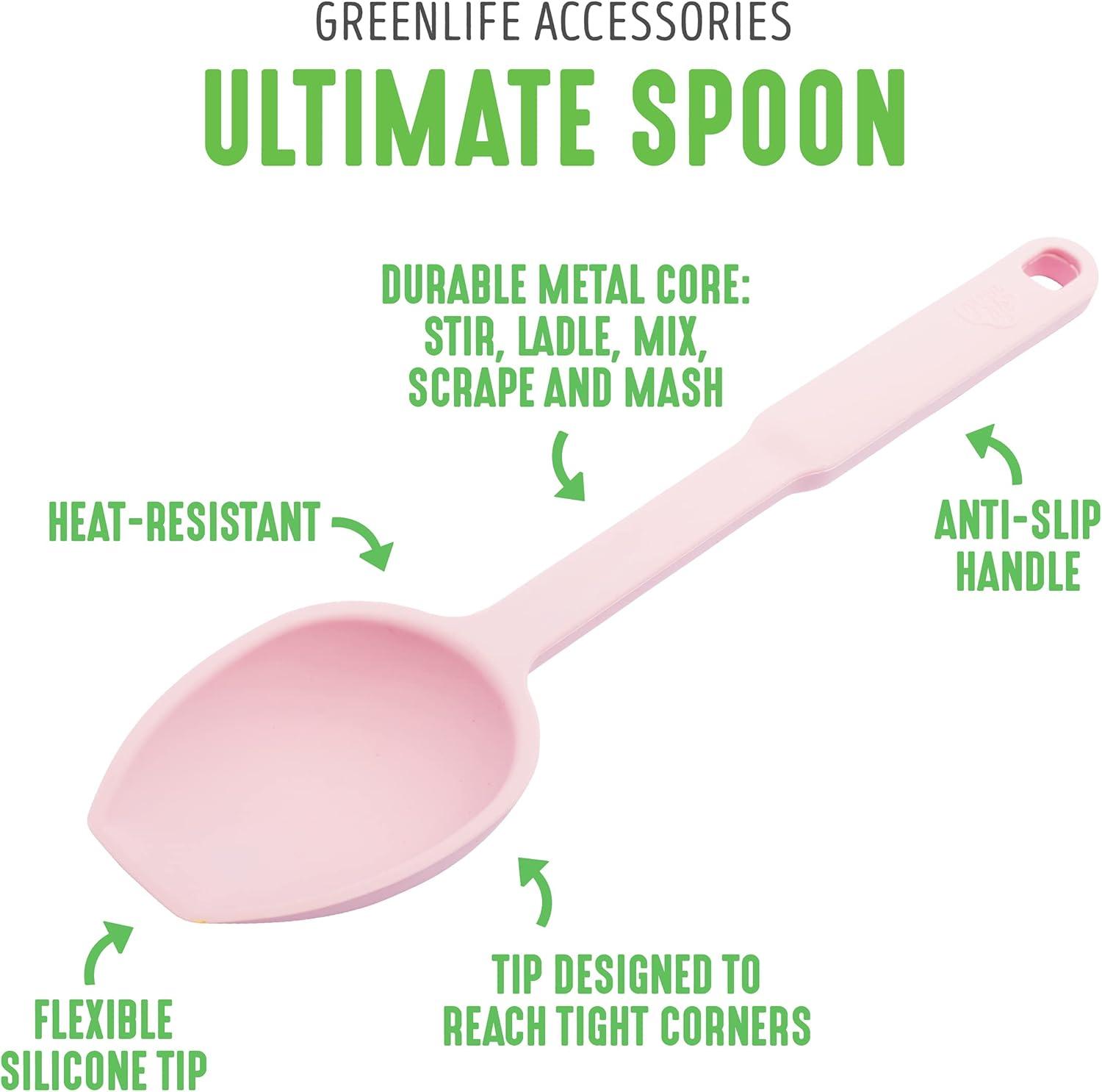 GreenLife Cooking Tools and Utensils, Silicone Spoon for Scooping Scraping and Mixing, Heat and Stain Resistant, Dishwasher Safe, Soft Pink