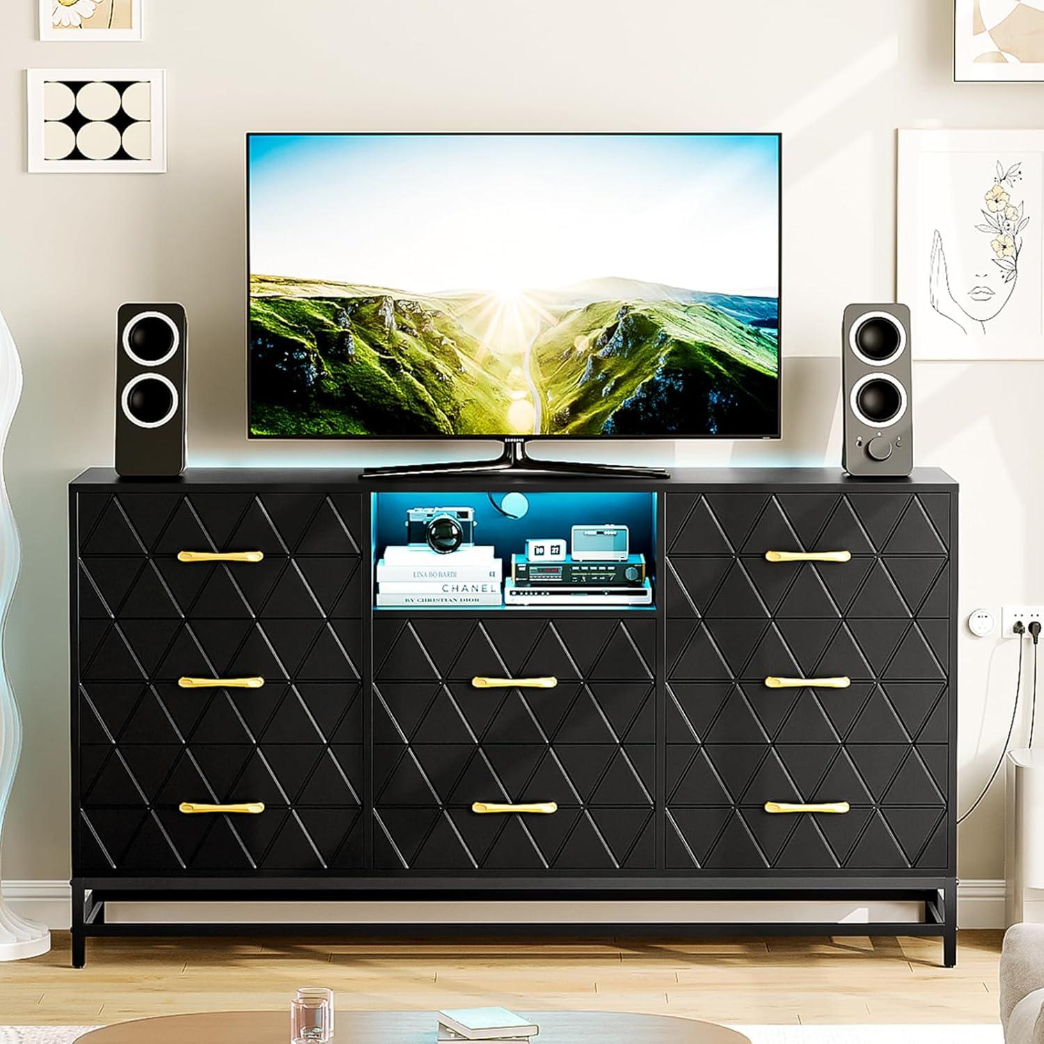 8 Deep Drawer Black Dresser for Bedroom with Charging Station and LED Lights, 59" TV Dresser Wooden Large Long Dresser, Modern Chest of Drawers Storage Organizer for Closet, Living Room