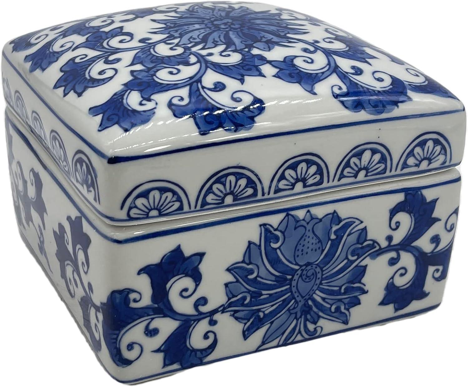 Blue and White Floral Chinoiserie Square Ceramic Box with Lid