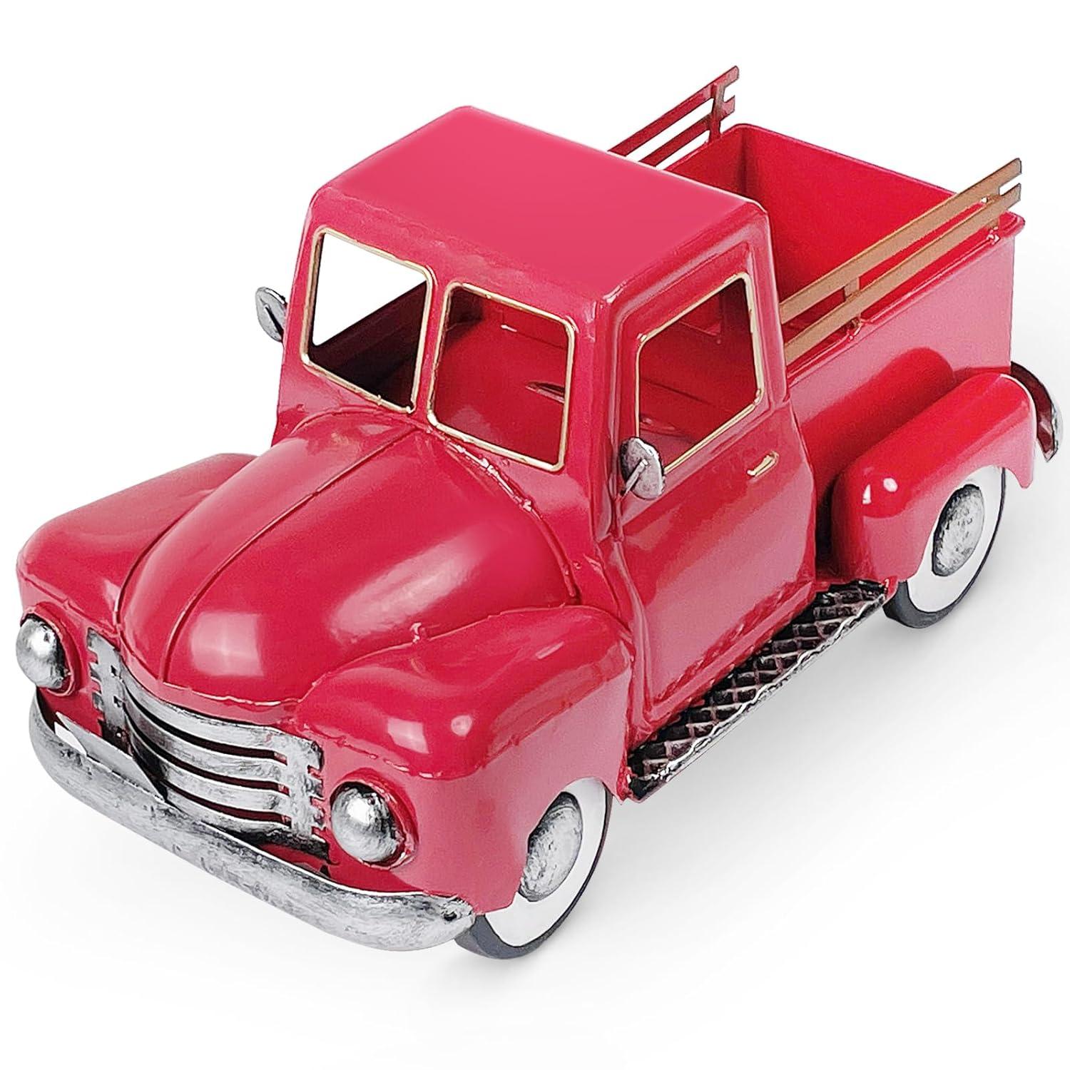 Vintage Red Metal Truck Decor, Red Truck Christmas Decor, Decorative Tabletop Storage,Farmhouse Pickup Truck Planter for Garden Home Holiday Decor