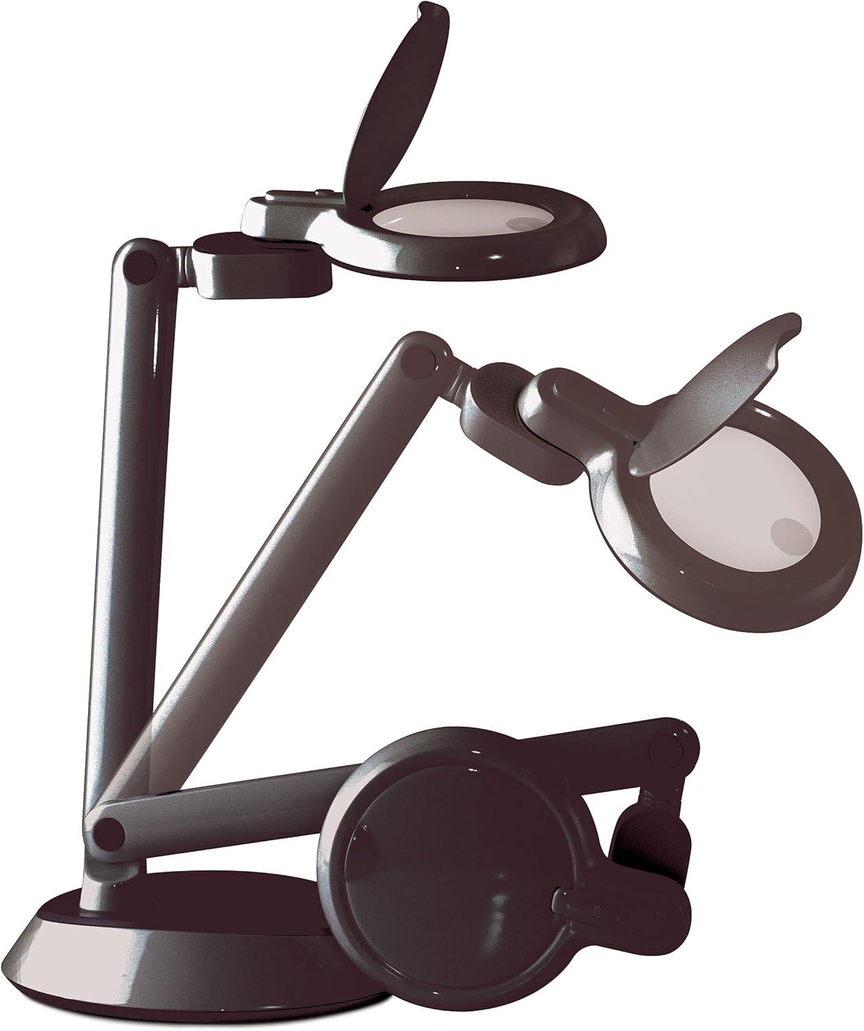 Compact Adjustable Black LED Desk Lamp with Optical-Grade Magnifier