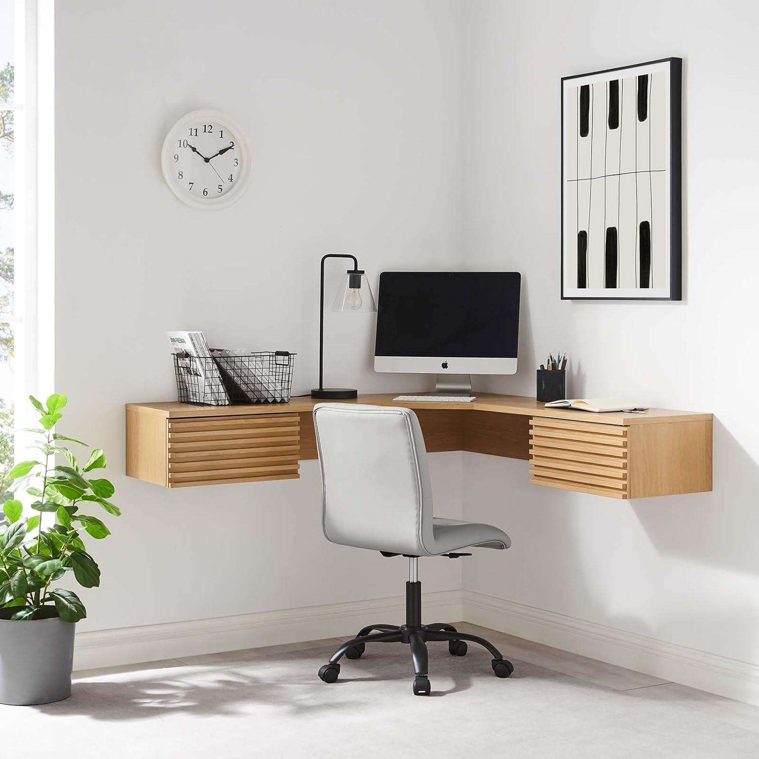 Oak Wall Mounted Corner Desk with Drawers