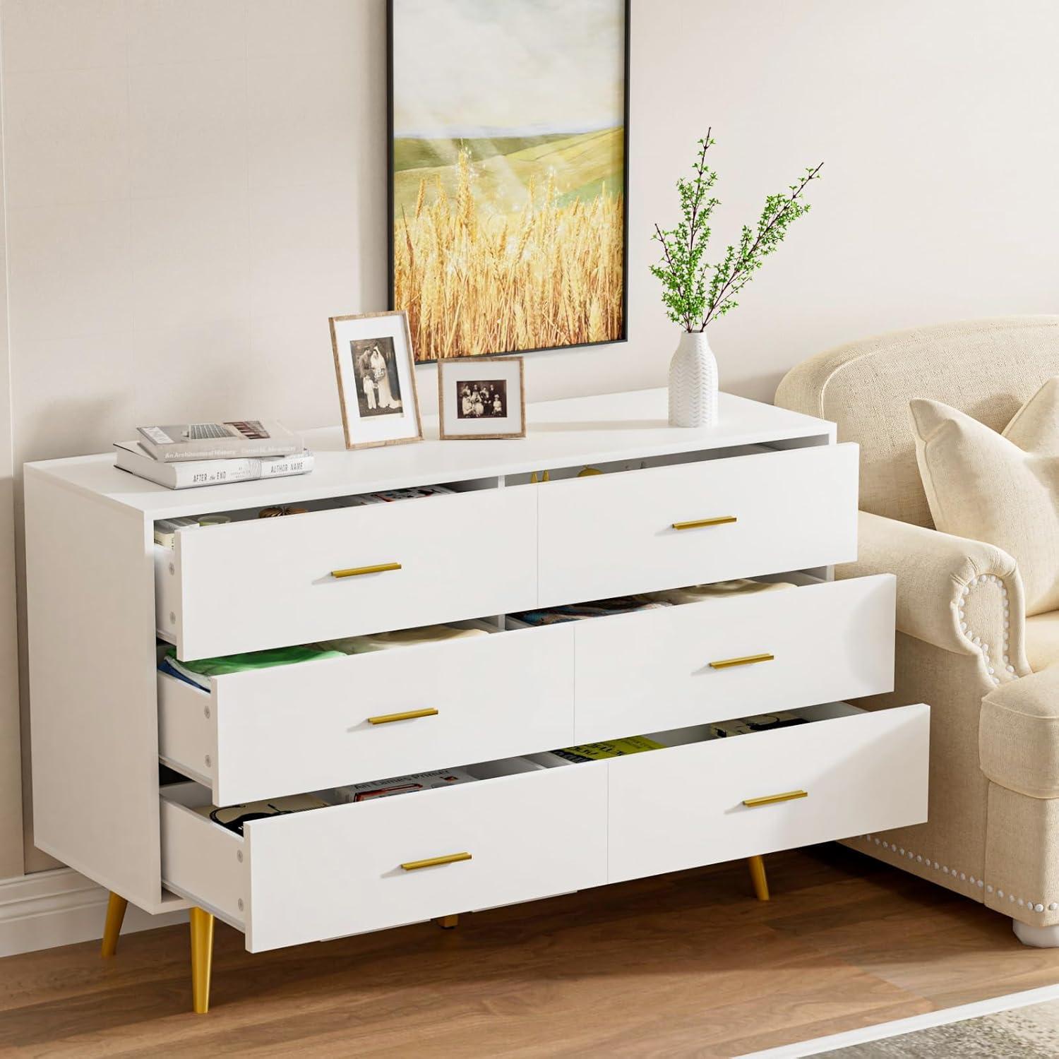 White Dresser with 6 Drawer for Bedroom,  RESOM Modern Chest with Golden Legs & Handles, Wooden Dressers for Living Room, Hallway, Nursery