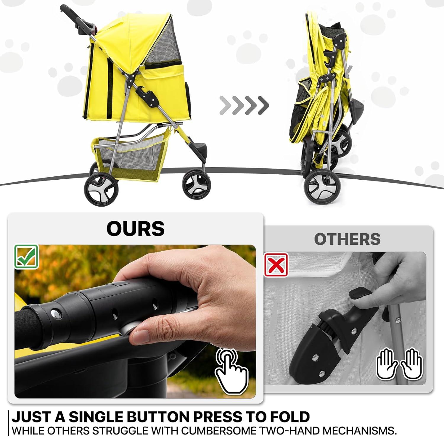 3 Wheel Folding Pet Stroller, Foldable Dog Jogger Stroller with Storage Basket, Cup Holder & Canopy