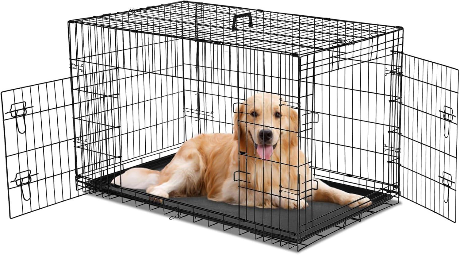 EDX Small Dog Crate with Divider Panel, 24" Double Door Folding Metal Wire Dog Cage with Plastic Leak-Proof Pan Tray