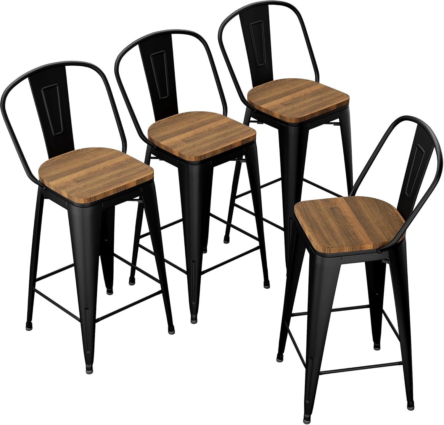 Andeworld 24" Bar Stools Set of 4,Counter Height Bar Stools with Larger Seat,Bar Stools with Back,Black Metal Bar Stools with Removable Back,Farmhouse Bar Stools,High Back Kitchen Bar Stools Chair