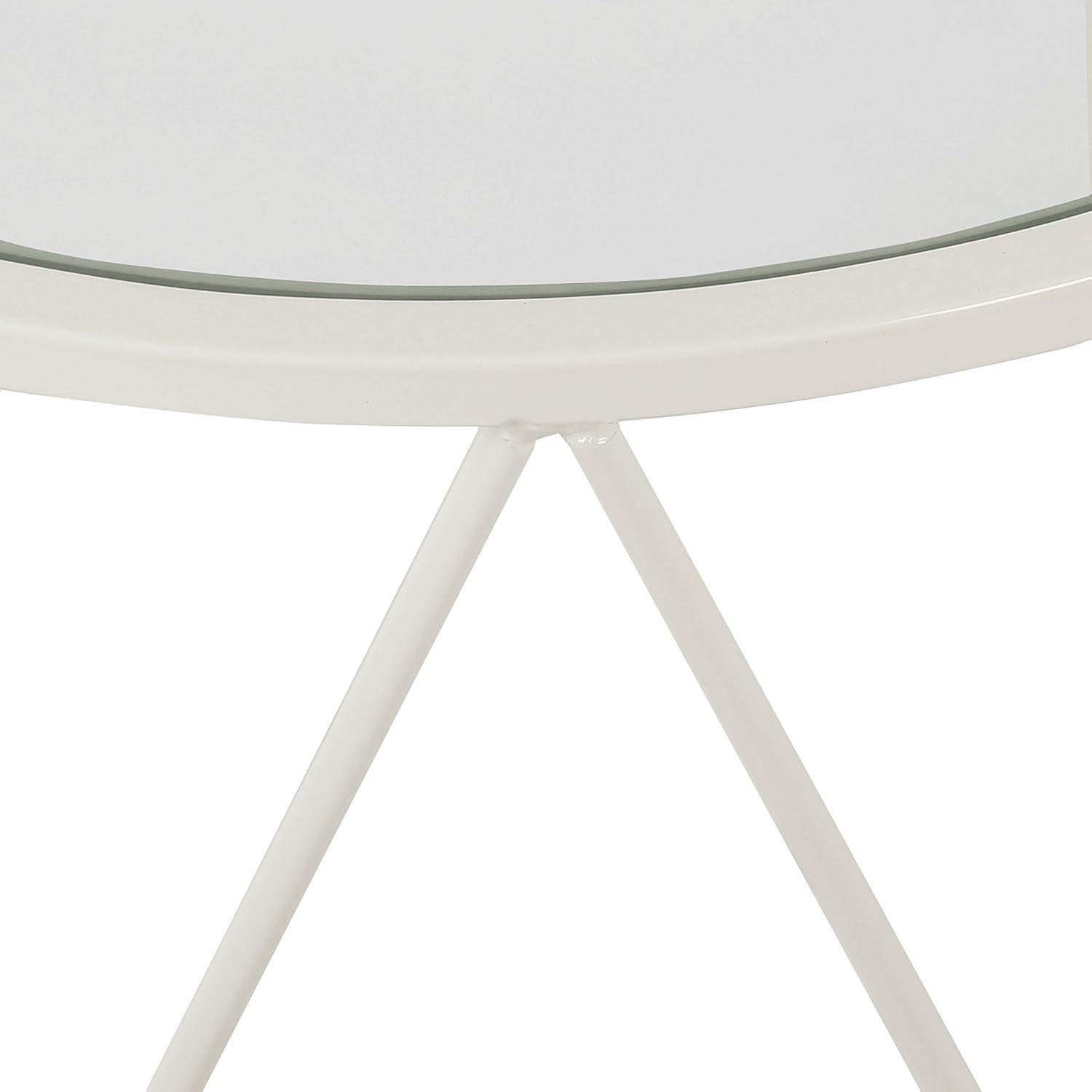 Metal Accent Table Triangle Base Round Mirror Top, White 18.24D X 24W X 18H In