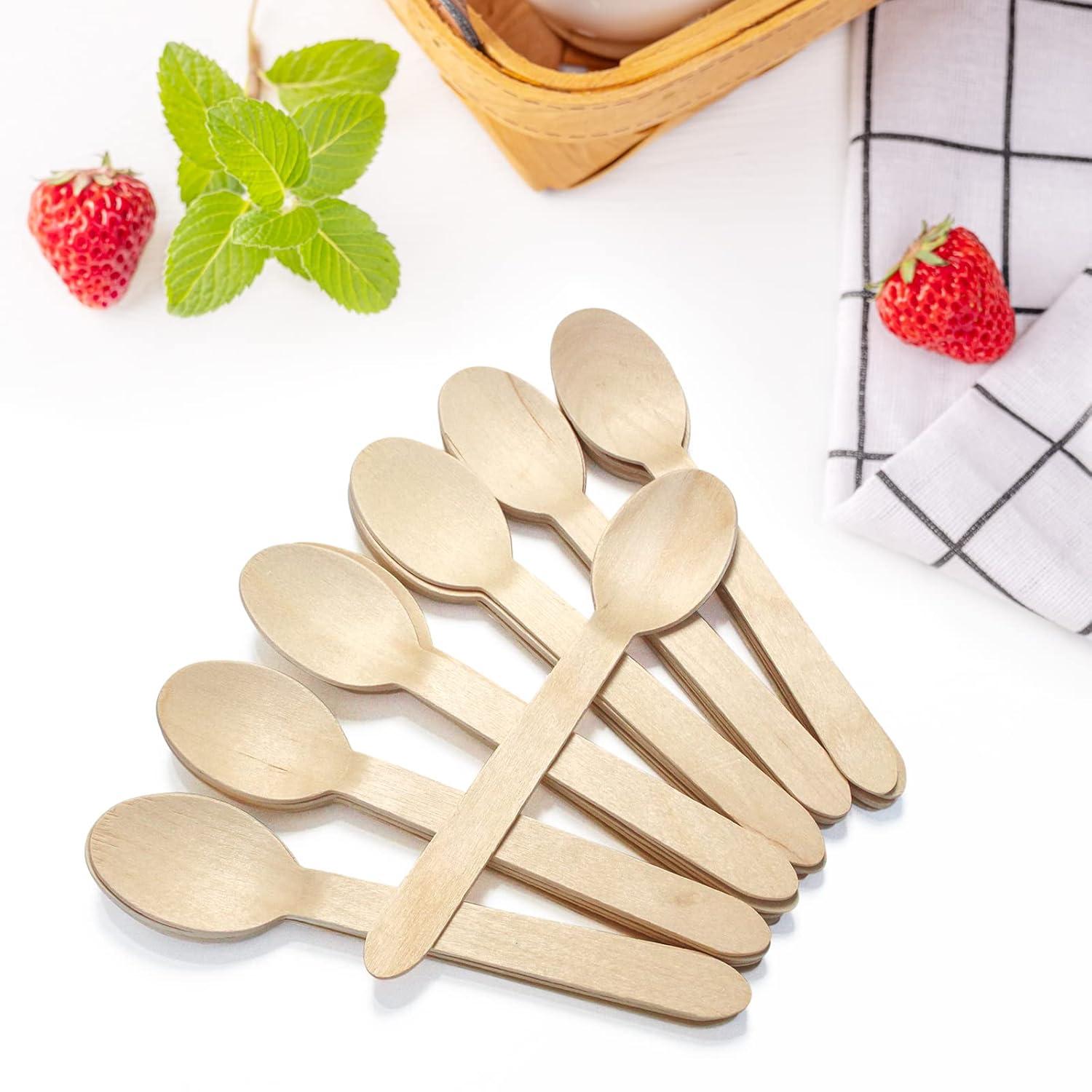 Concession Essentials Disposable Wooden Cutlery Spoons, Compostable and Earth Friendly, 6.25 Inch Length - Pack of 100 Spoons