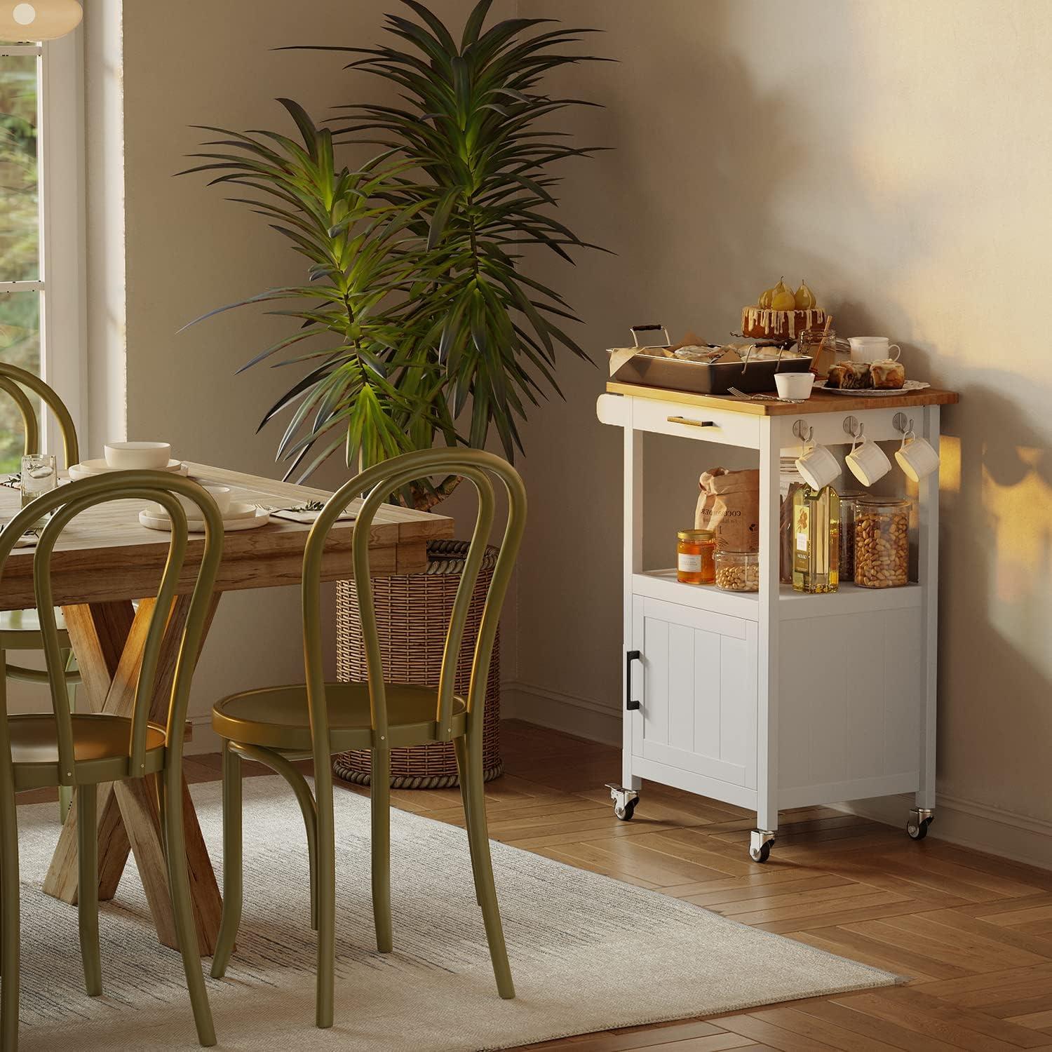 White Wood Kitchen Cart with Storage and Wheels