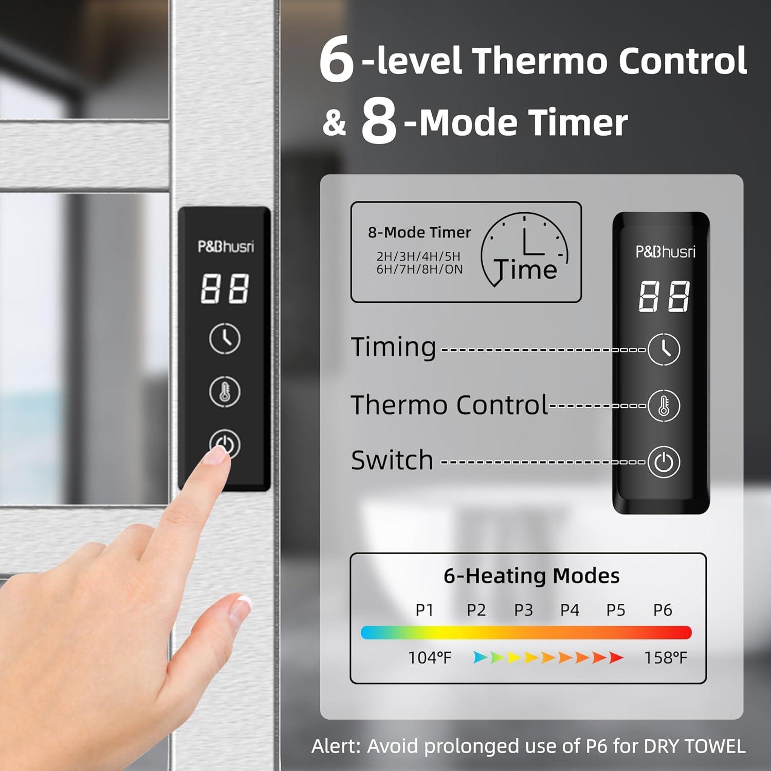 P&Bhusri Towel Warmer, 10-Bar Heated Towel Rack for Bathroom, Electric Towel Warmer with Timer & Temperature Multi-Level Adjustments, Brushed, Plug-in/Hard-Wired