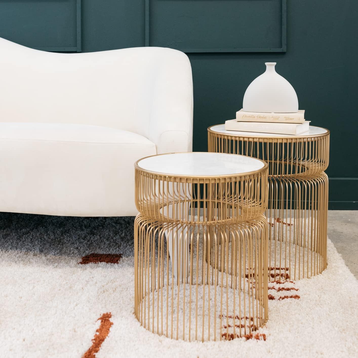 Transitional Gold & White Marble Round Side Table Set