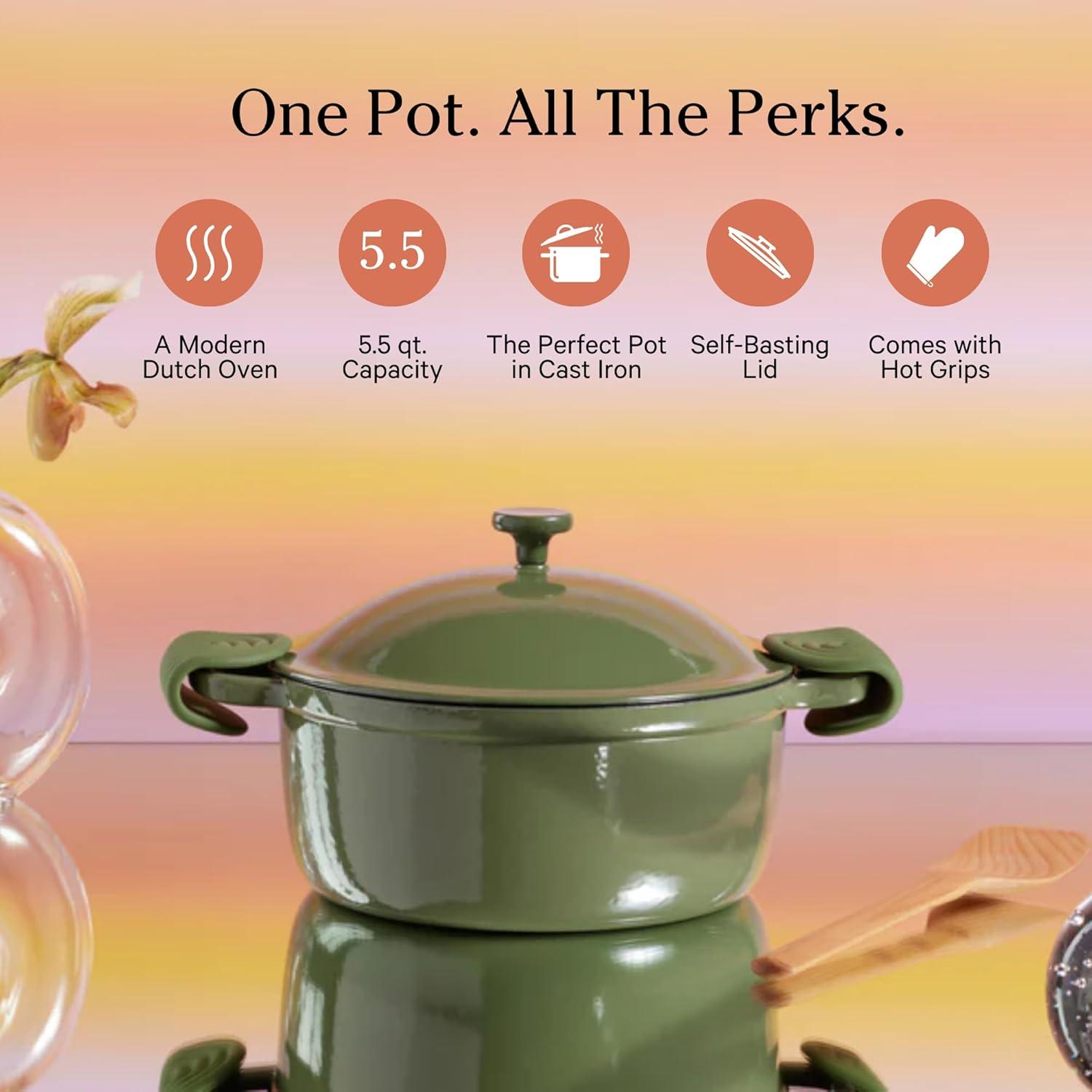 Our Place 5.5qt 10.5" Cast Iron Perfect Pot - Sage: Our Place Cookware, Enamel Finish, Hand Wash, Gas & Electric Compatible