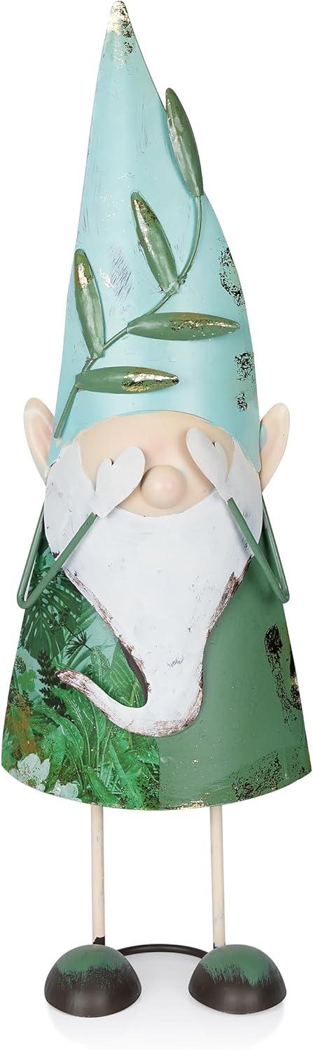 Whimsical Green Iron Hide-and-Seek Garden Gnome, 19"