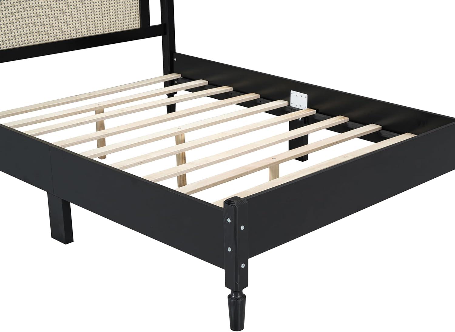 Wooden Platform Bed with Natural Rattan Headboard, Full Size Platform Bed with Wooden Slat Support, Vintage Rattan Bed Frame, No Box Spring Needed (Black,Full,233)