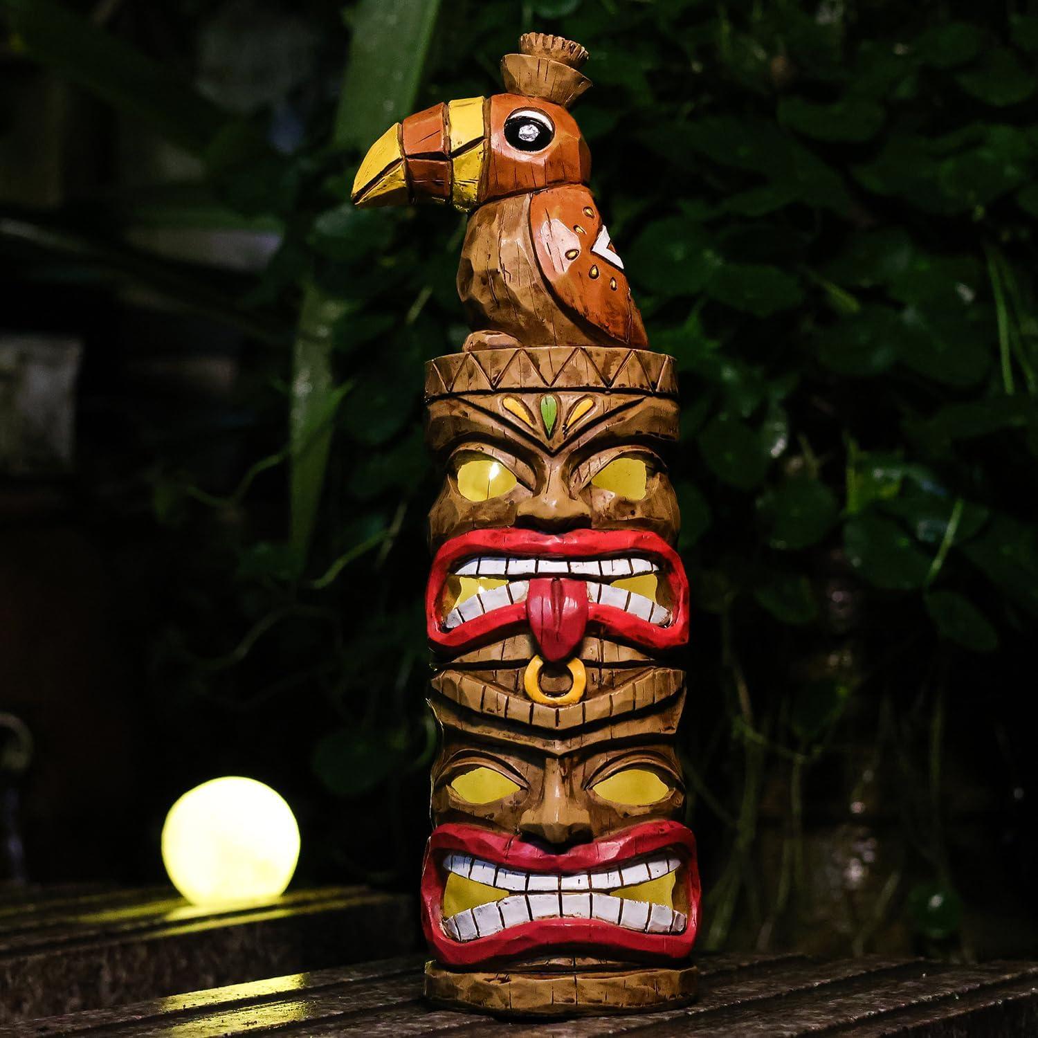 Handmade Painted Double Tiki Totem & Woodpecker Solar Light