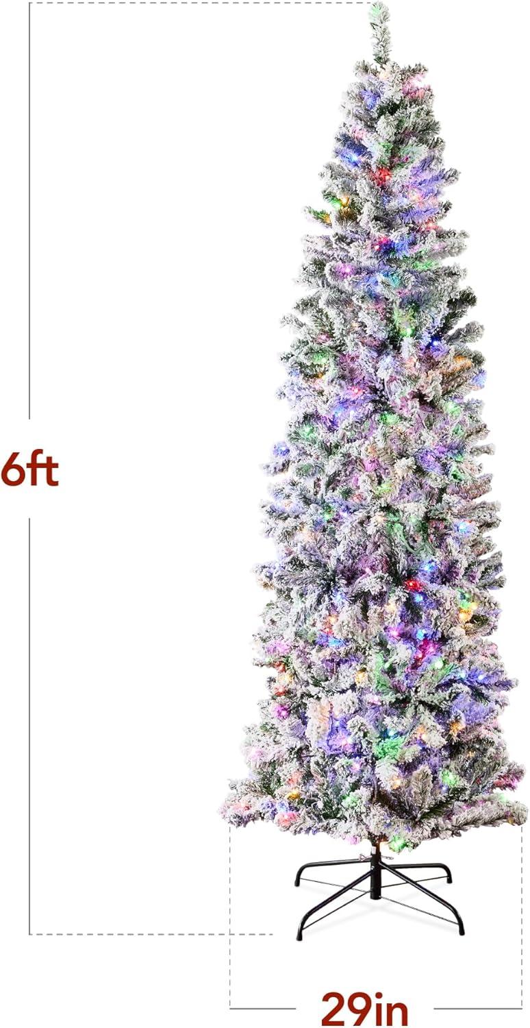 Best Choice Products Pre-Lit Artificial Snow Flocked Pencil Christmas Tree Decoration w/ Multicolor Lights