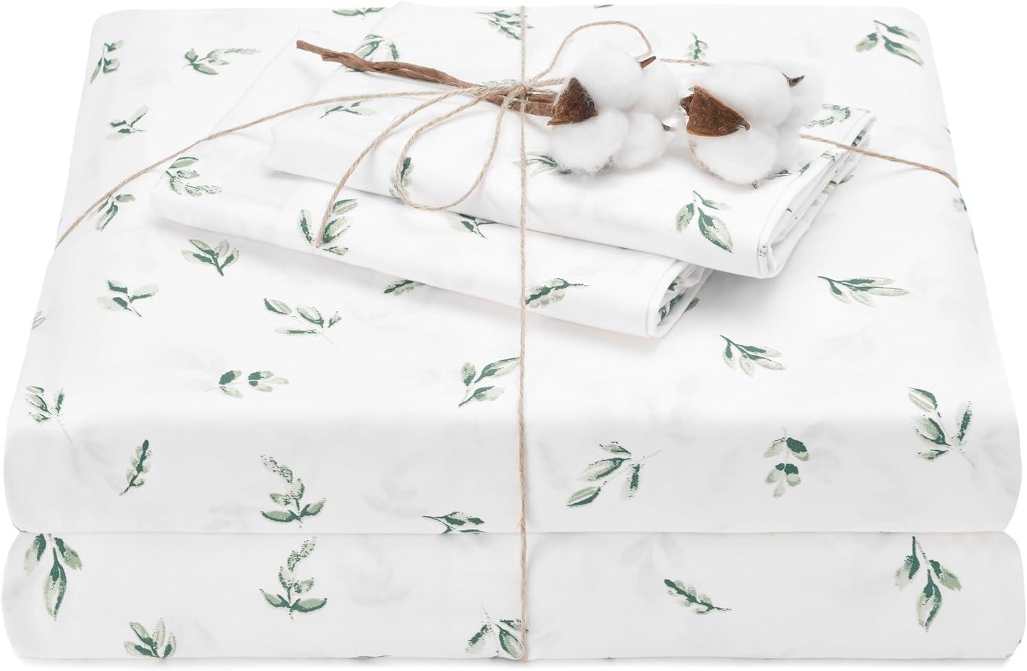 Elegant Cotton 100% Organic Cotton Printed Sheet Set - 4-Piece Set - Green Leaves, King Size