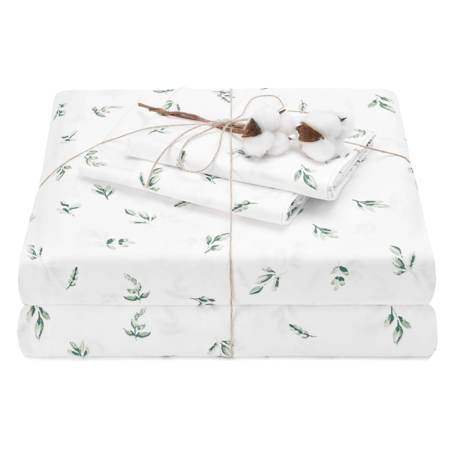 Elegant Cotton 100% Organic Cotton Printed Sheet Set - 4-Piece Set - Green Leaves, King Size