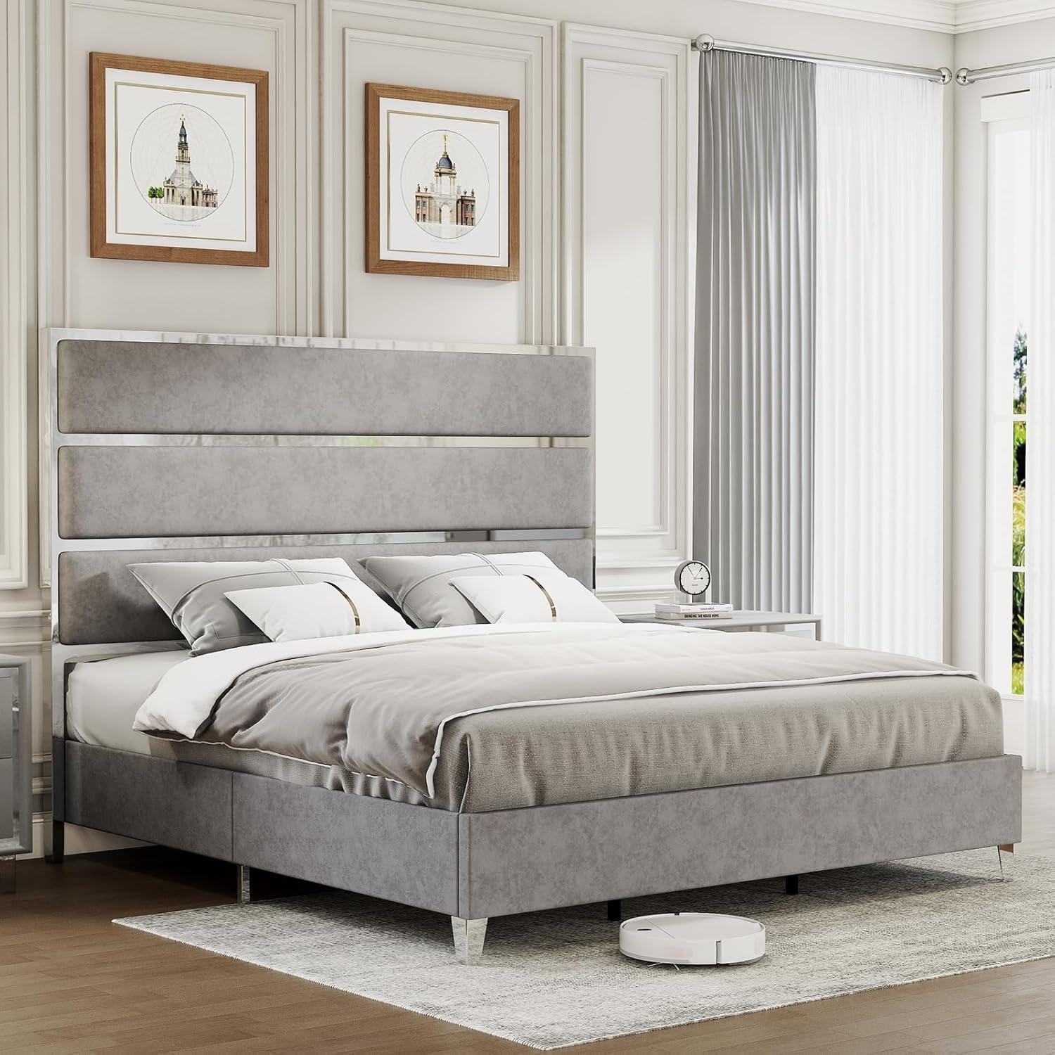 Queen Size Bed Frame with 59" Tall Headboard, Velvet Upholstered Platform Bed with Silver Mirrored Trim/No Box Spring Needed/Light Grey