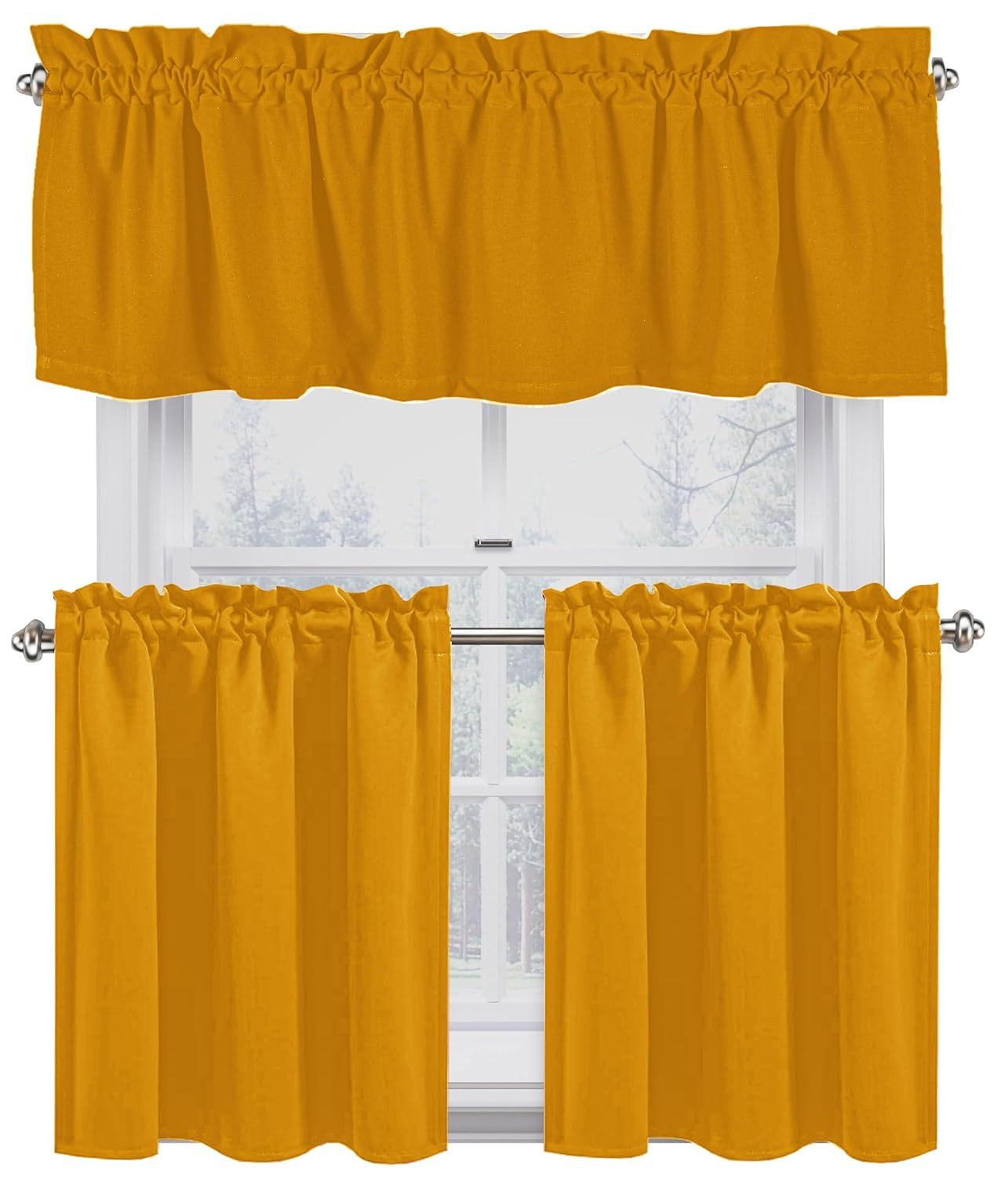 Native Fab 100% Cotton Kitchen Curtain Tiers Valance Set - Rod Pocket style 3 Pack - Mustard Yellow