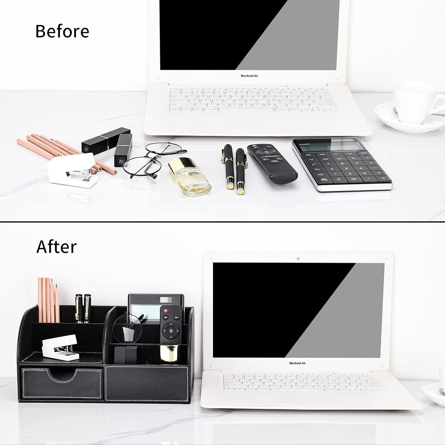 KINGFOM Pu Leather Desk Organizer Pen Pencil Holder Office Supplies Caddy Storage Box 6 Compartments with Drawer Black