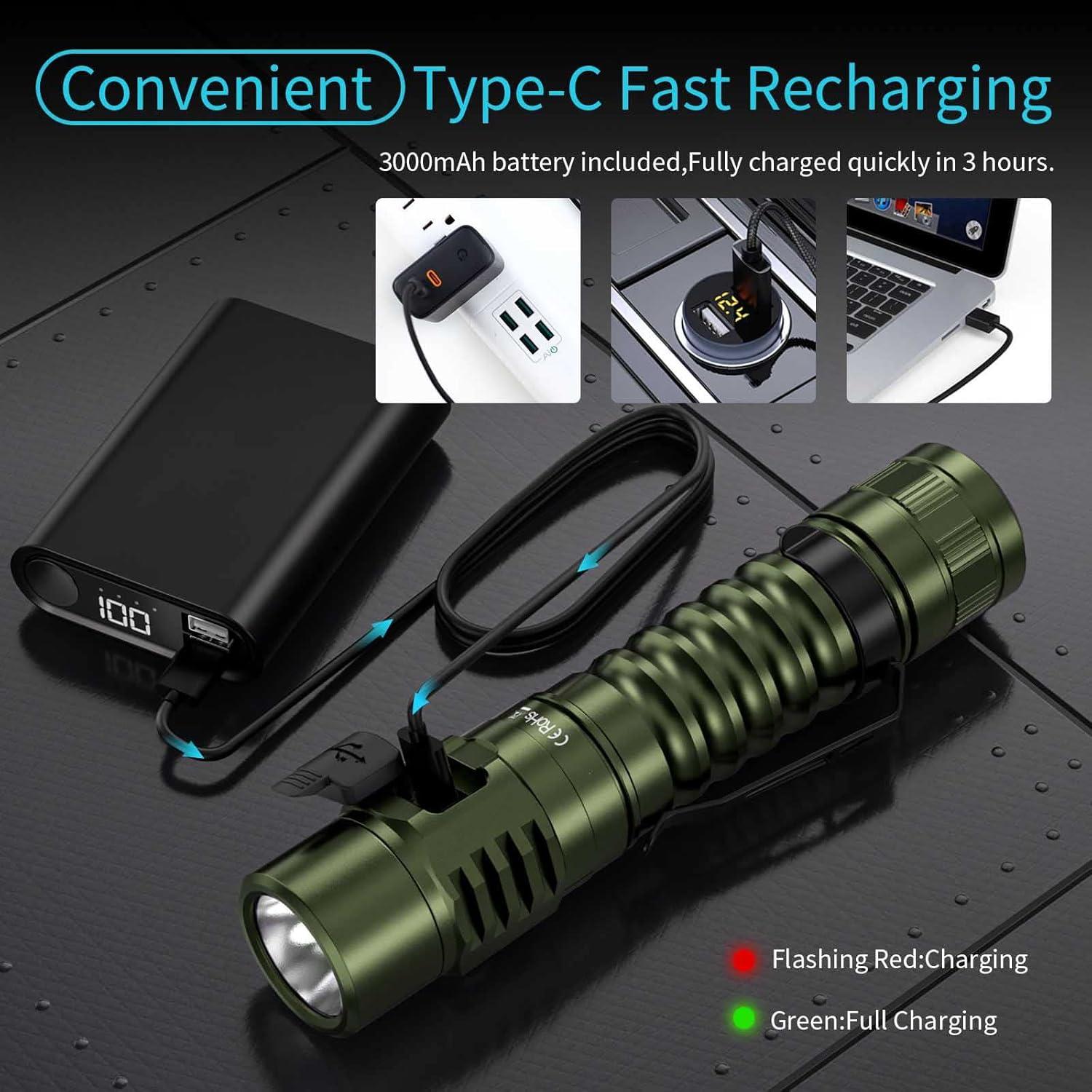 Green Rechargeable LED Flashlight with USB-C and Magnetic Tailcap