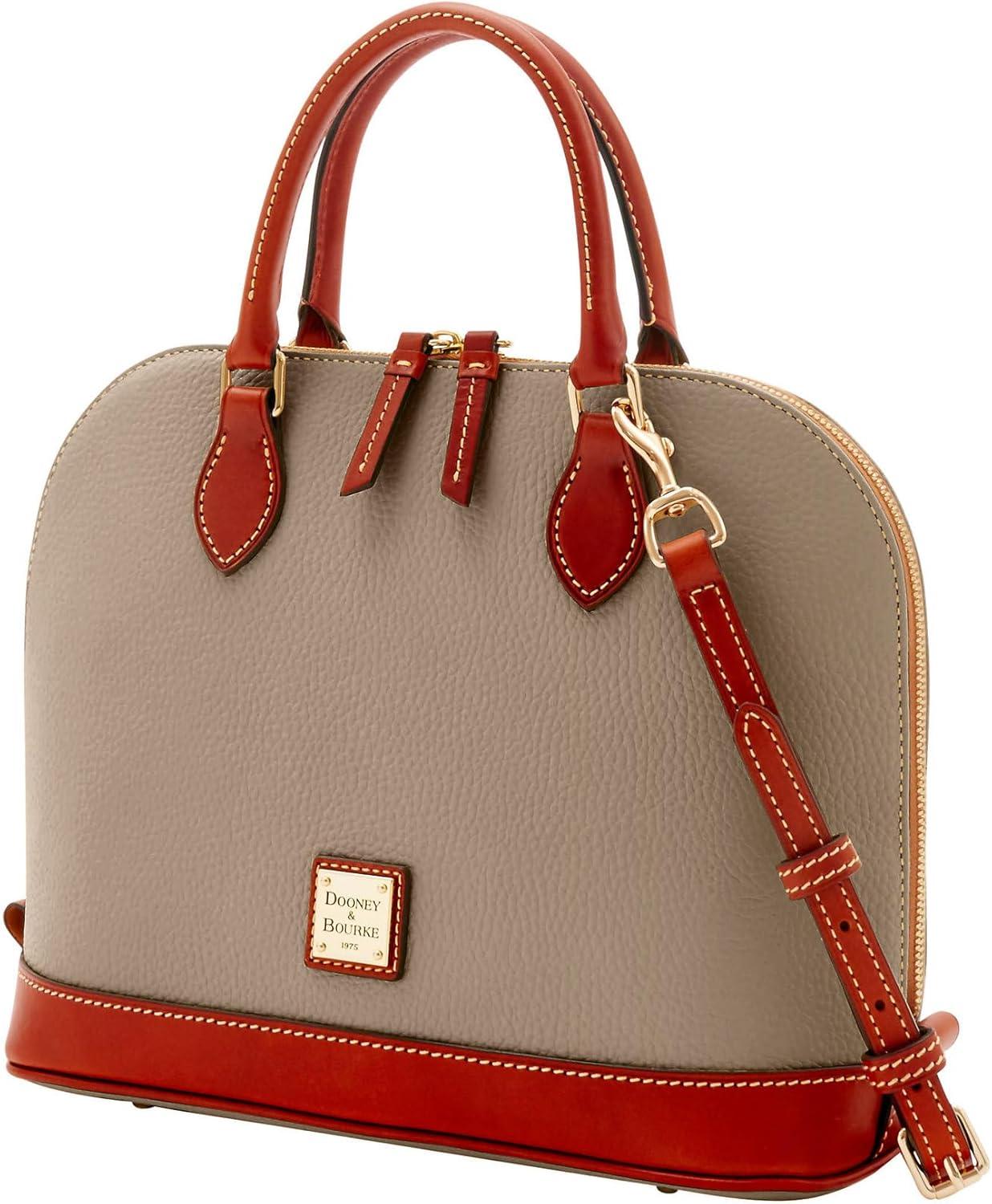 Taupe Genuine Leather Dome Satchel with Adjustable Strap