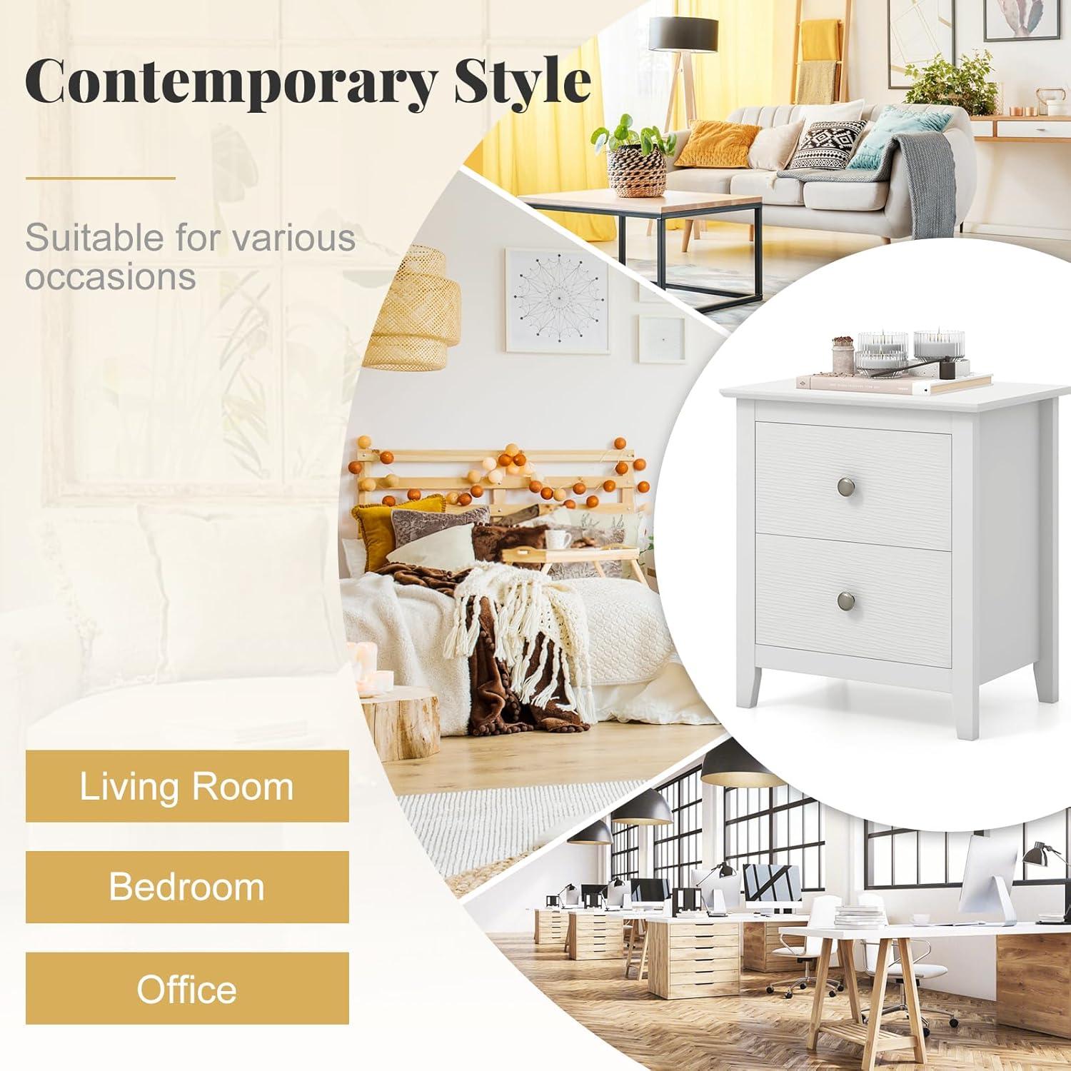 Tangkula Modern Nightstand with Storage 2 Drawers & Support Legs for Bedroom White