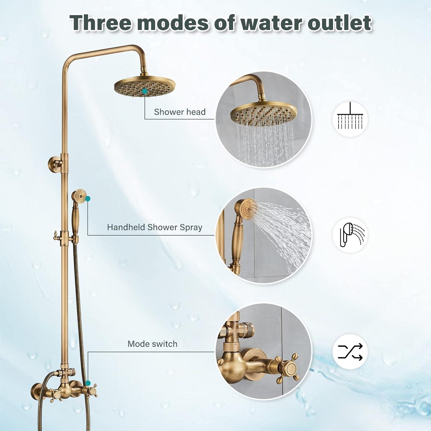 Zovajonia Antique Brass Shower Fixture Set 8" Rain 2 Knobs Shower Faucet Combo System