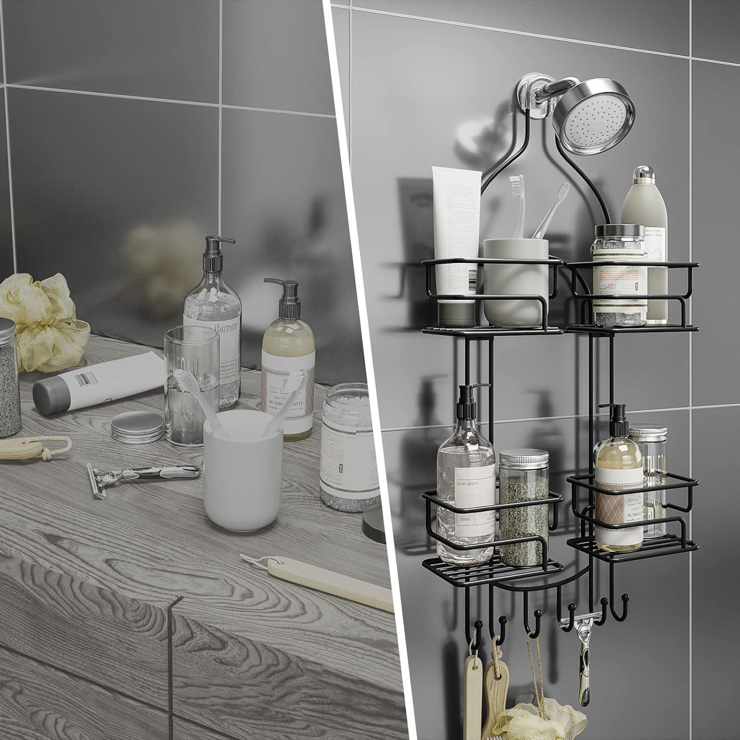 Black Metal Suction Mount Shower Caddy with Hooks