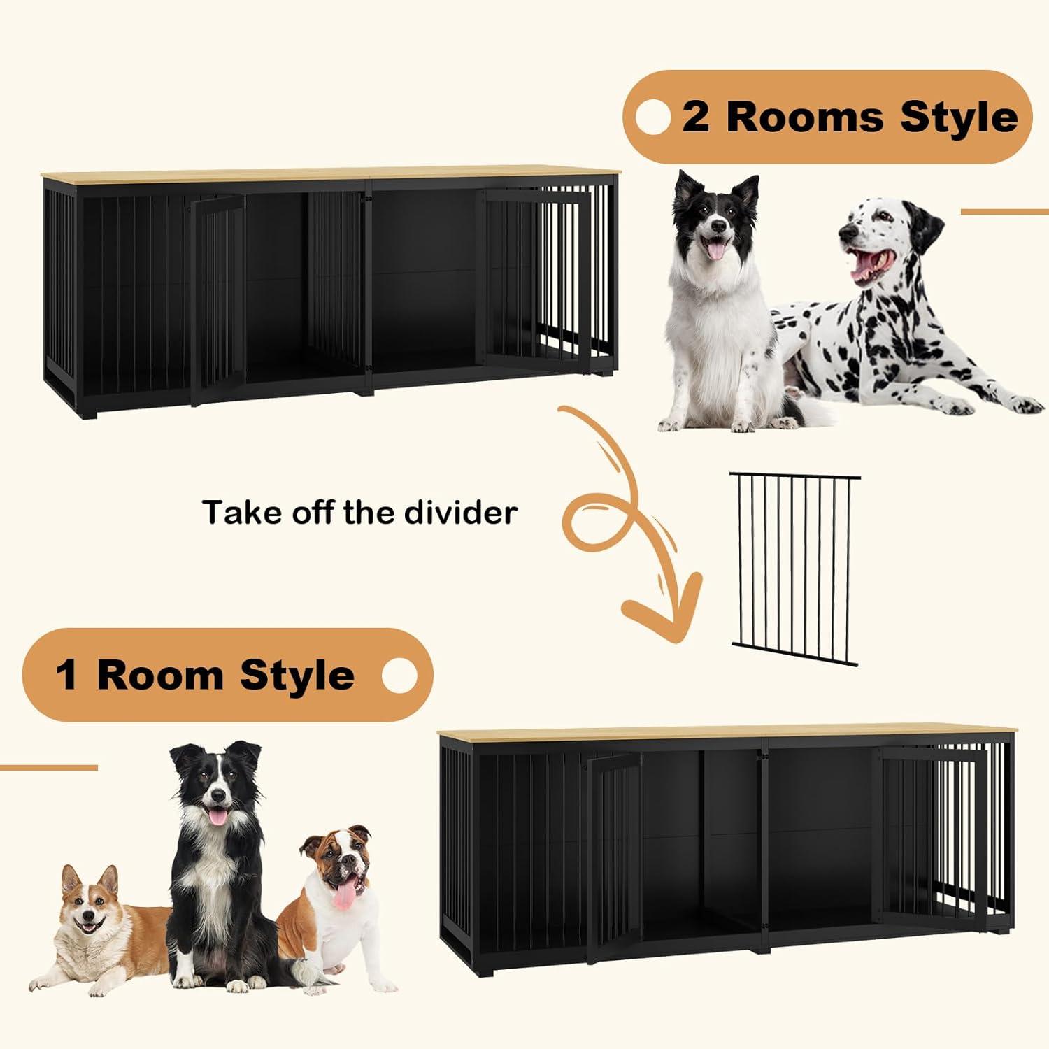 94.5" Extra Large Dog Crate Furniture, Heavy Duty Dog Kennel with a Removable Divider, Indoor Furniture Style Dog Crate House TV Stand with Double Rooms for Large Medium Breed Dogs, Black