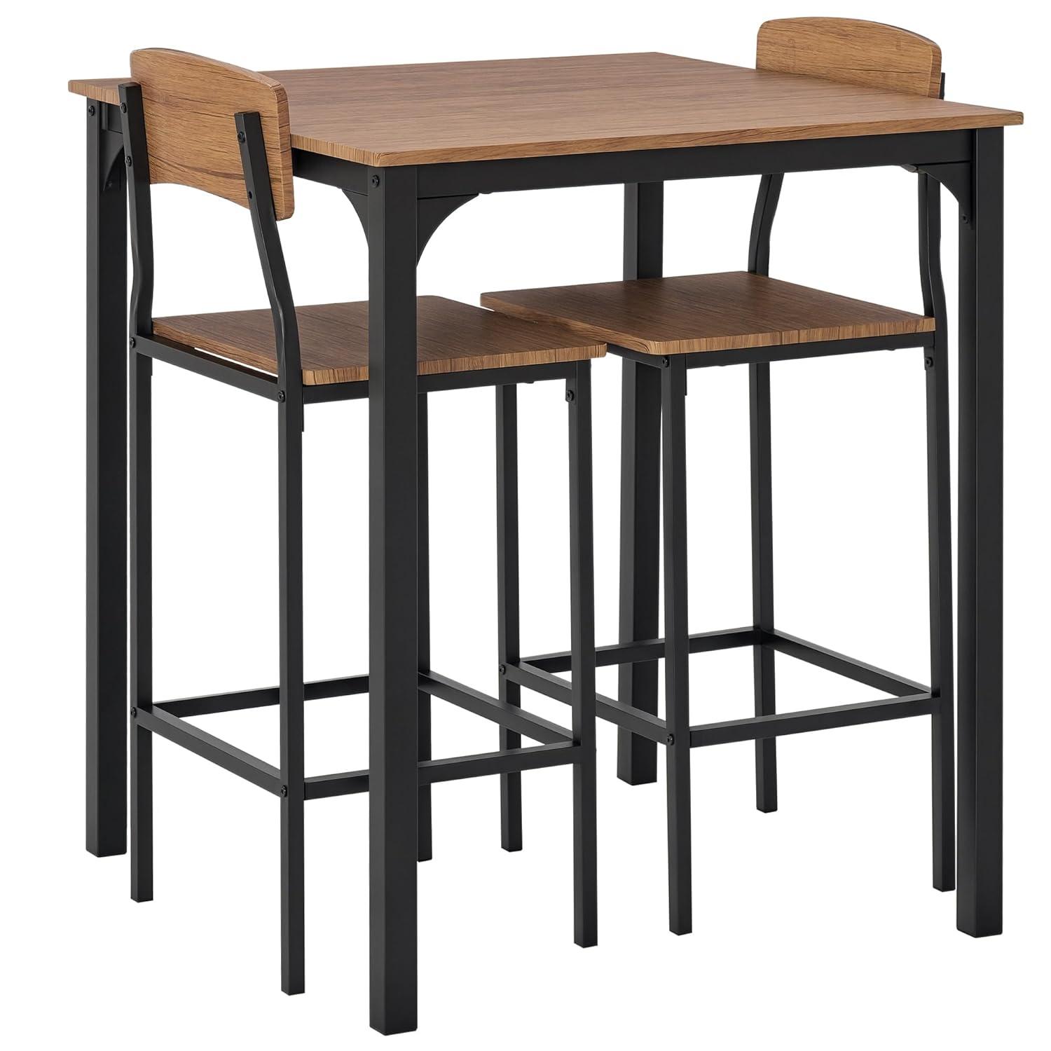 17 Stories 3 Piece Square Industrial Small Dining Table Set, Bar Table and Chairs Set, Rustic Brown and Black
