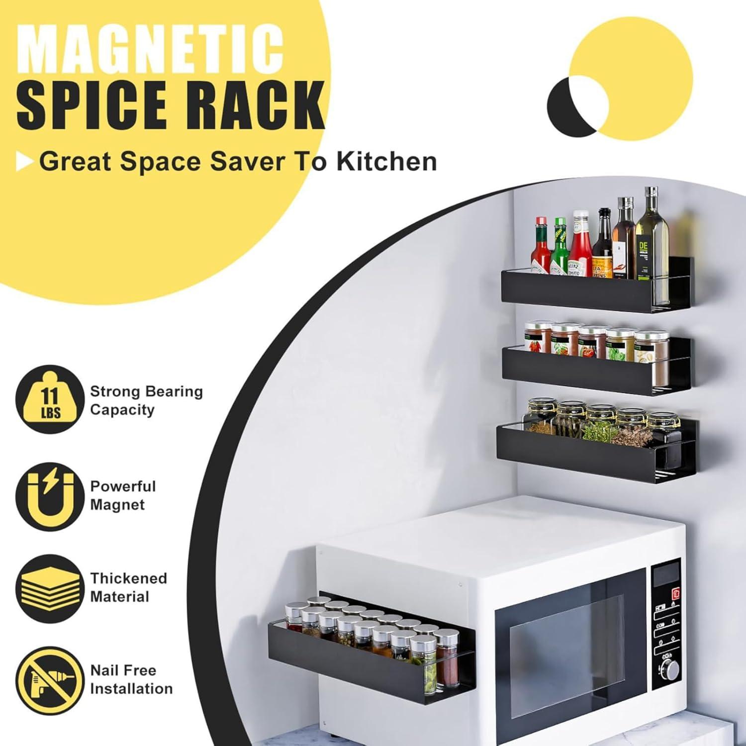 Textiles Hub 4 Pack Magnetic Spice Rack For Refrigerator, Moveable Magnetic Spice Organizer, Black Metal Strong Magnetic Shelf For Fridge And Microwave Oven, Space Saving For Kitchen