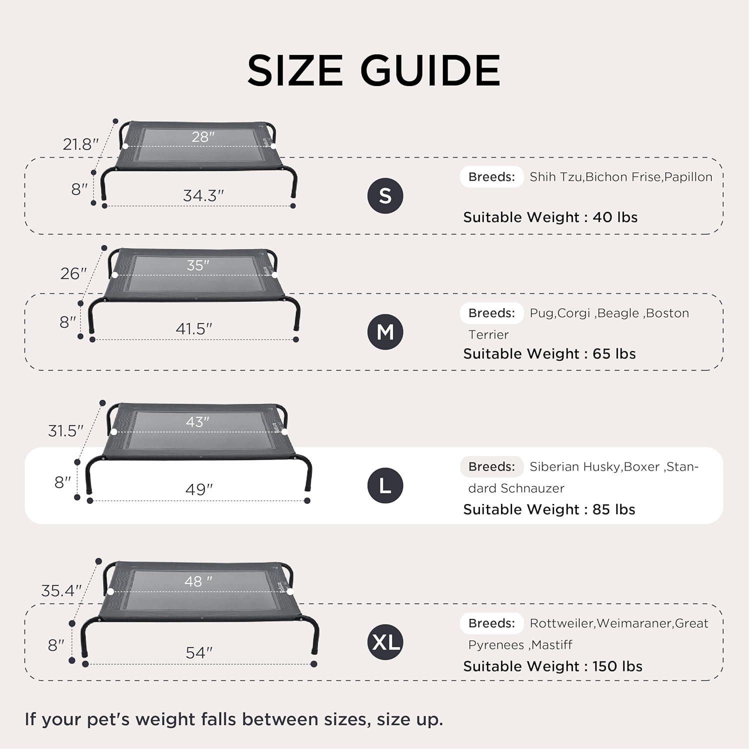 Bedsure Outdoor Elevated Dog Bed Large Sized Dog, Portable Indoor & Outdoor Cooling Raised Cot Pet Hammock Bed with Skid-Resistant Feet, Frame with Breathable Mesh, Grey, 49 inches