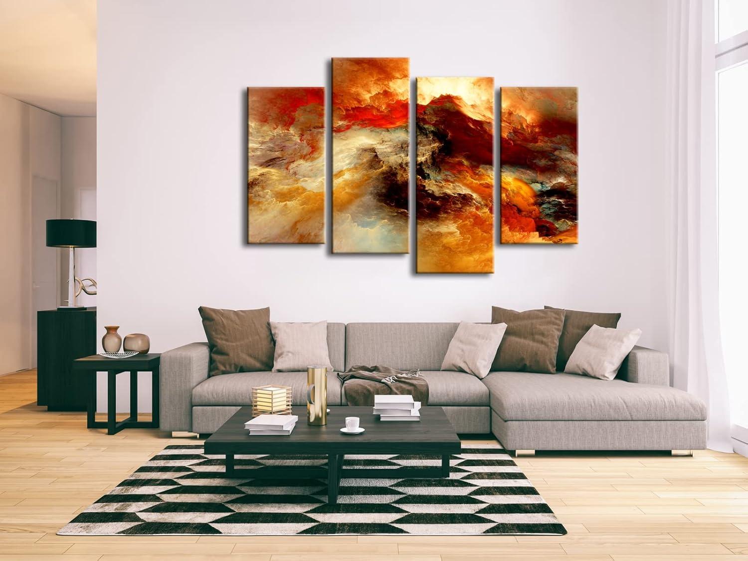 Pyradecor Large Canvas Prints Wall Art Colorful Clouds Landscape Pictures Paintings for Living Room Bedroom Home Decorations 4 Piece Modern Orange Abstract Stretched Artwork