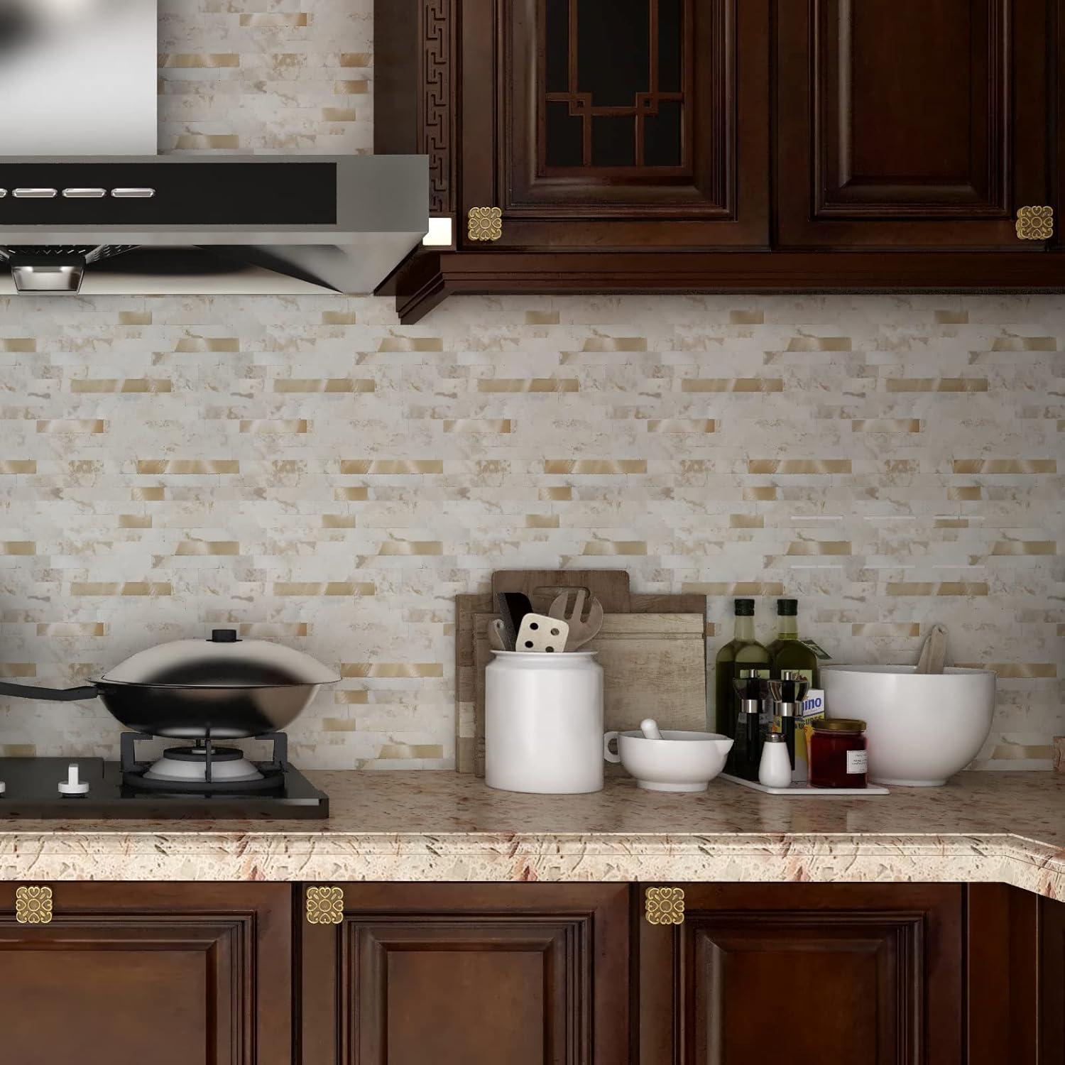 10-Pack Peel and Stick Tile Backsplash 12"X12" PVC Wall Tiles, Stick on Backsplash for Kitchen, Bathroom Tile, Fireplace Décor, Laundry Table, Stair Decals in Cala Golden