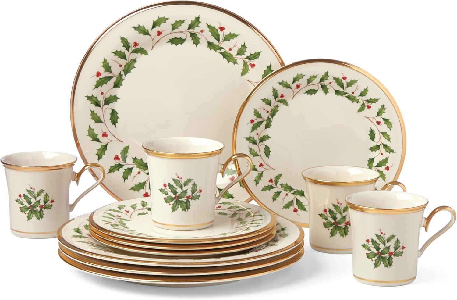 Lenox Holiday 12-Piece Holly & Berry Plate & Mug Set, Porcelain, Service for 4